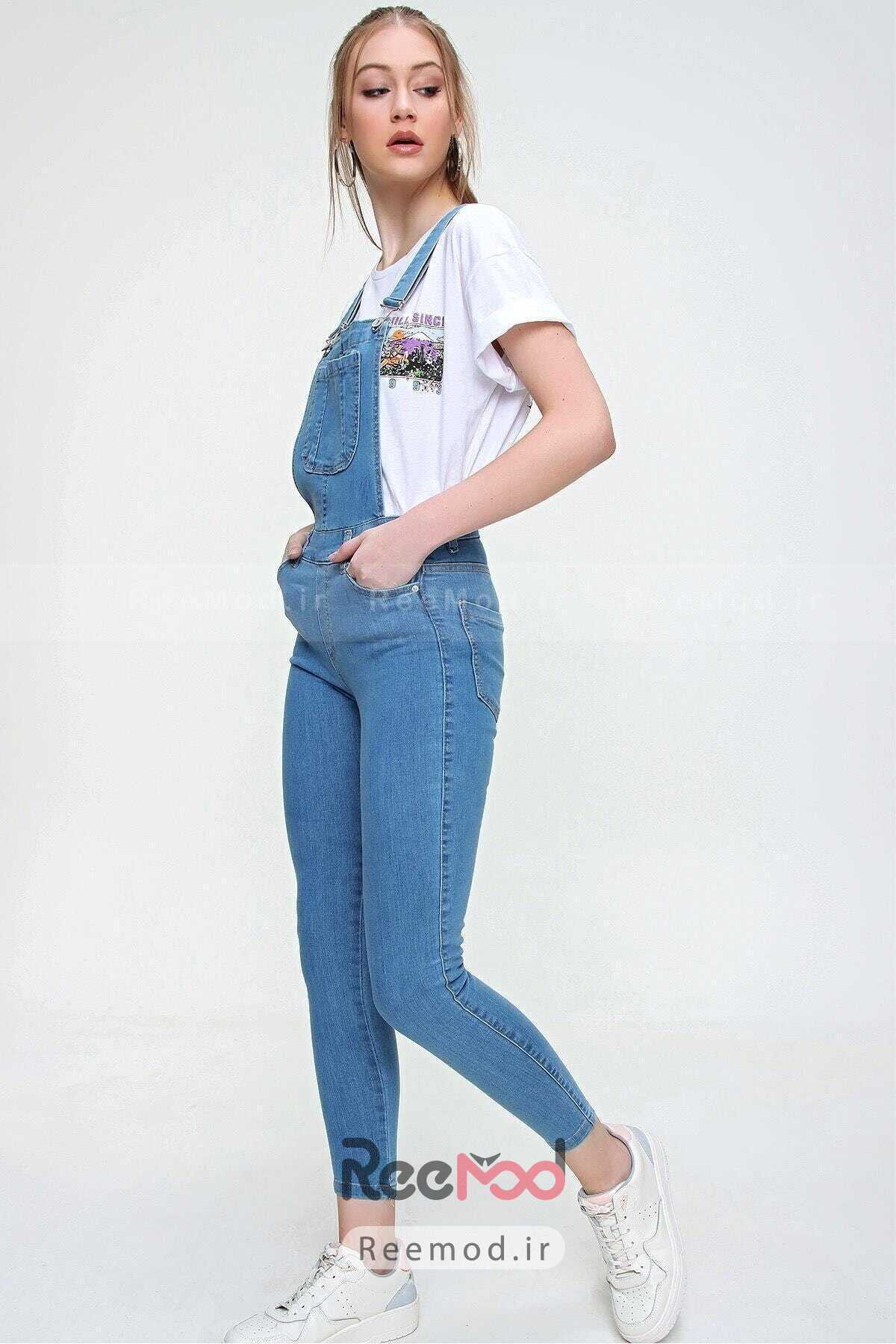 سرهمی جین زنانه اسلیم فیت مدل پیش بندی جیب دار آبی برند TRENDNATUREL