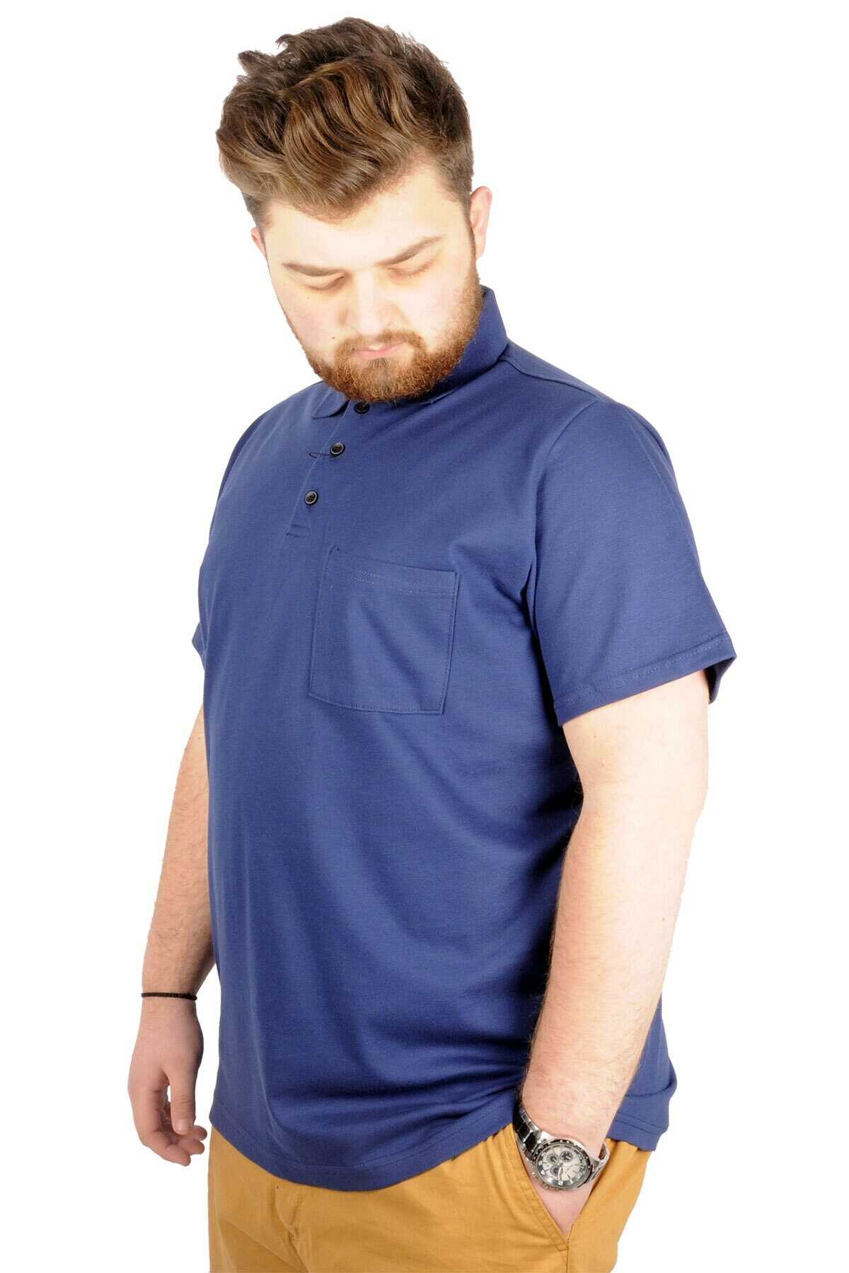تیشرت یقه پولو سایز بزرگ مردانه تک جیب آبی برند ModeXL