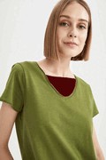 تیشرت زنانه یقه گرد باز سبز برند DeFacto 