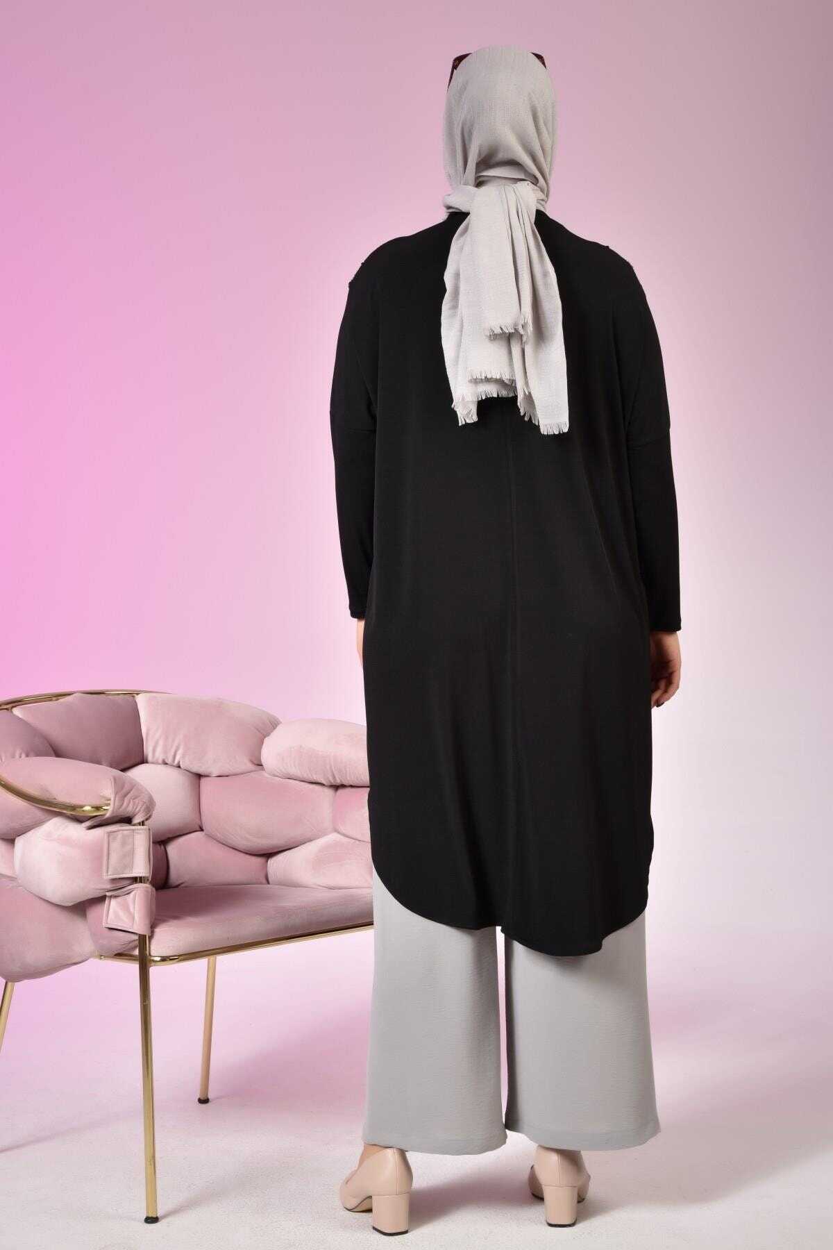 تونیک سایز بزرگ یقه گرد طرح دار آستین بلند زنانه مشکی برند Ferace