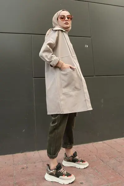 پیراهن زنانه جیب دار دکمه ای خاکستری روشن برند Caramel Butik 