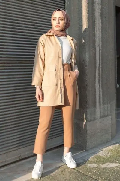 پیراهن زنانه جیب دار دکمه ای بژ تیره برند Caramel Butik 