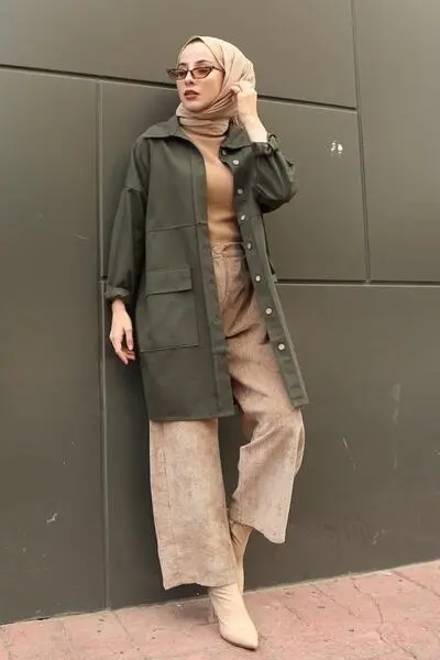 پیراهن زنانه جیب دار دکمه ای سبز برند Caramel Butik 