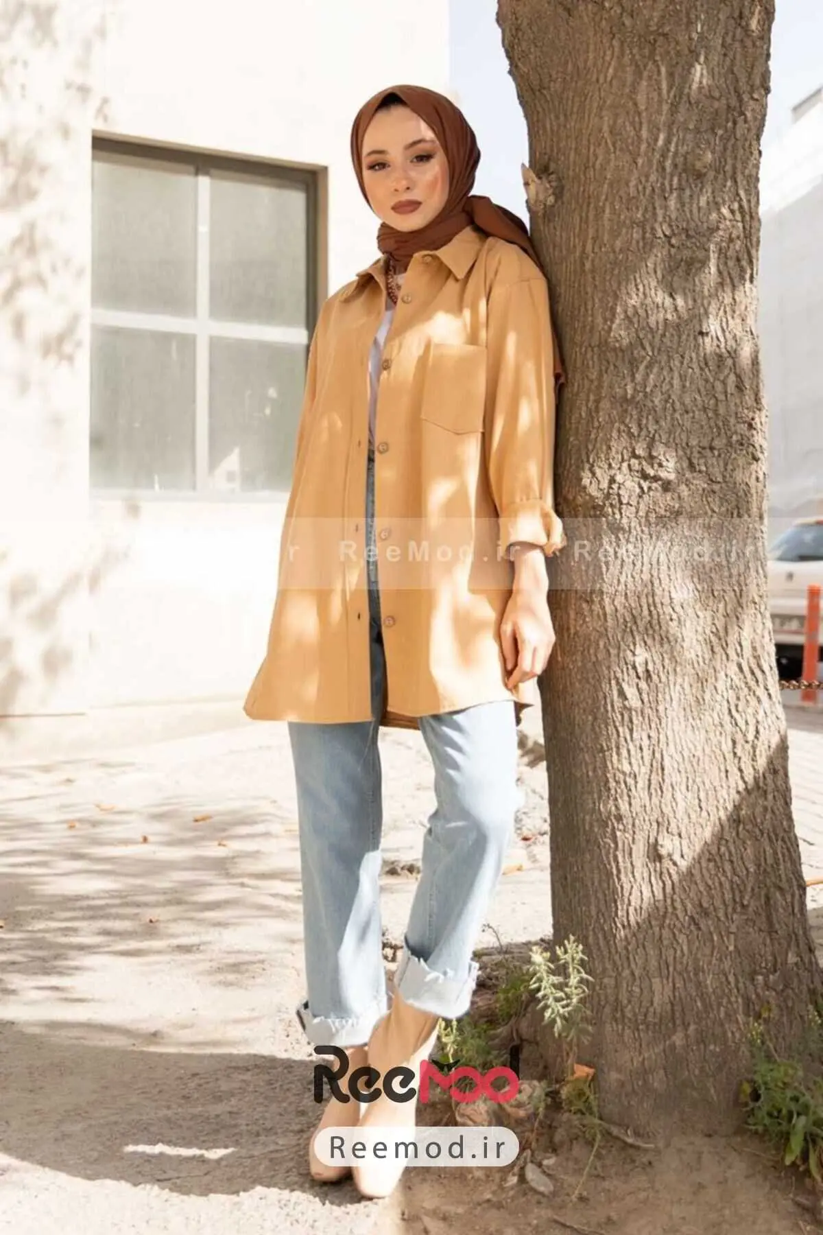 پیراهن دکمه ای گاباردین تک جیبی کرمی سیر برند Caramel Butik