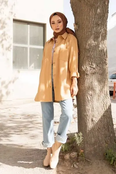 پیراهن دکمه ای گاباردین تک جیبی کرمی سیر برند Caramel Butik
