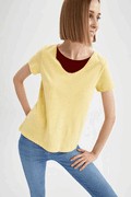 تیشرت زنانه یقه گرد باز زرد برند DeFacto 