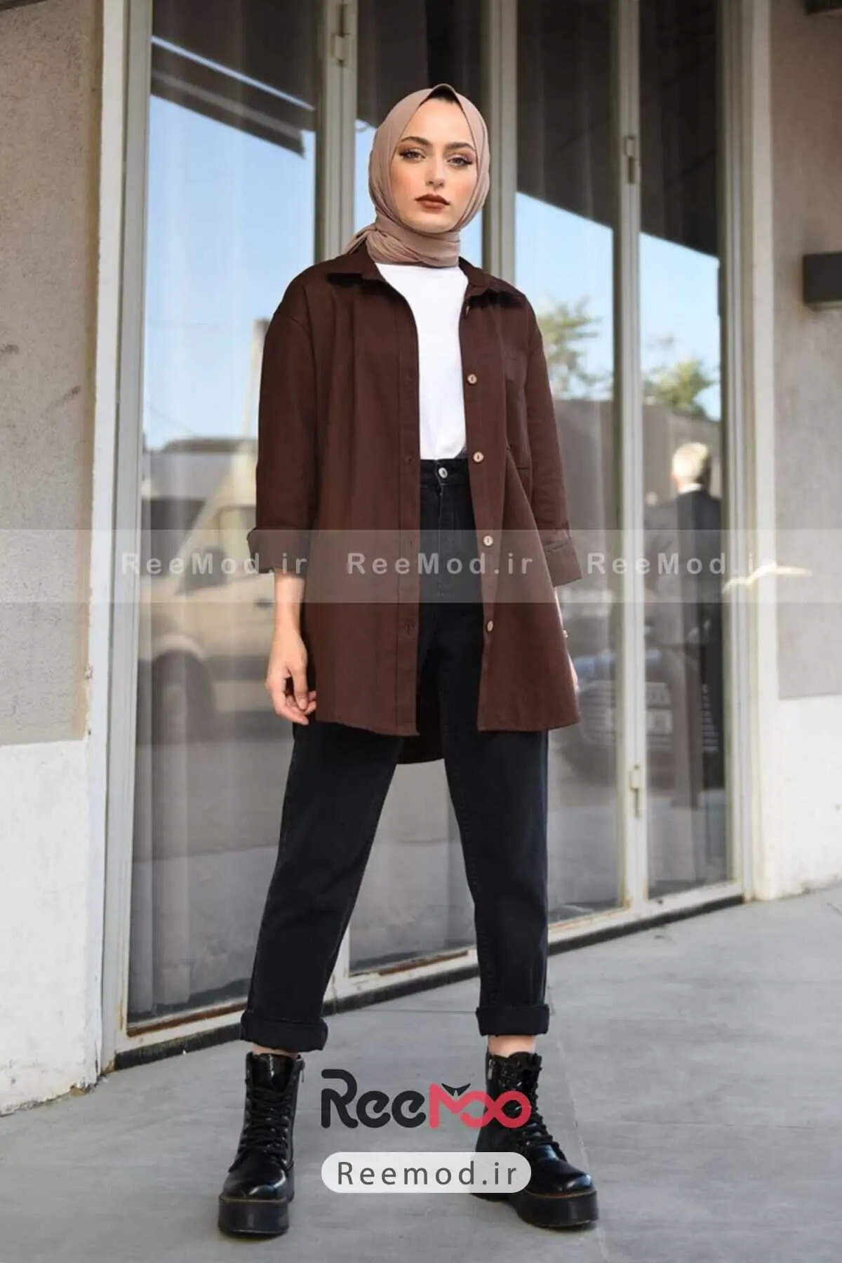 پیراهن دکمه ای گاباردین تک جیبی قهوه ای تیره برند Caramel Butik