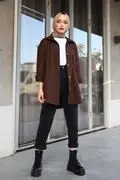 پیراهن دکمه ای گاباردین تک جیبی قهوه ای تیره برند Caramel Butik