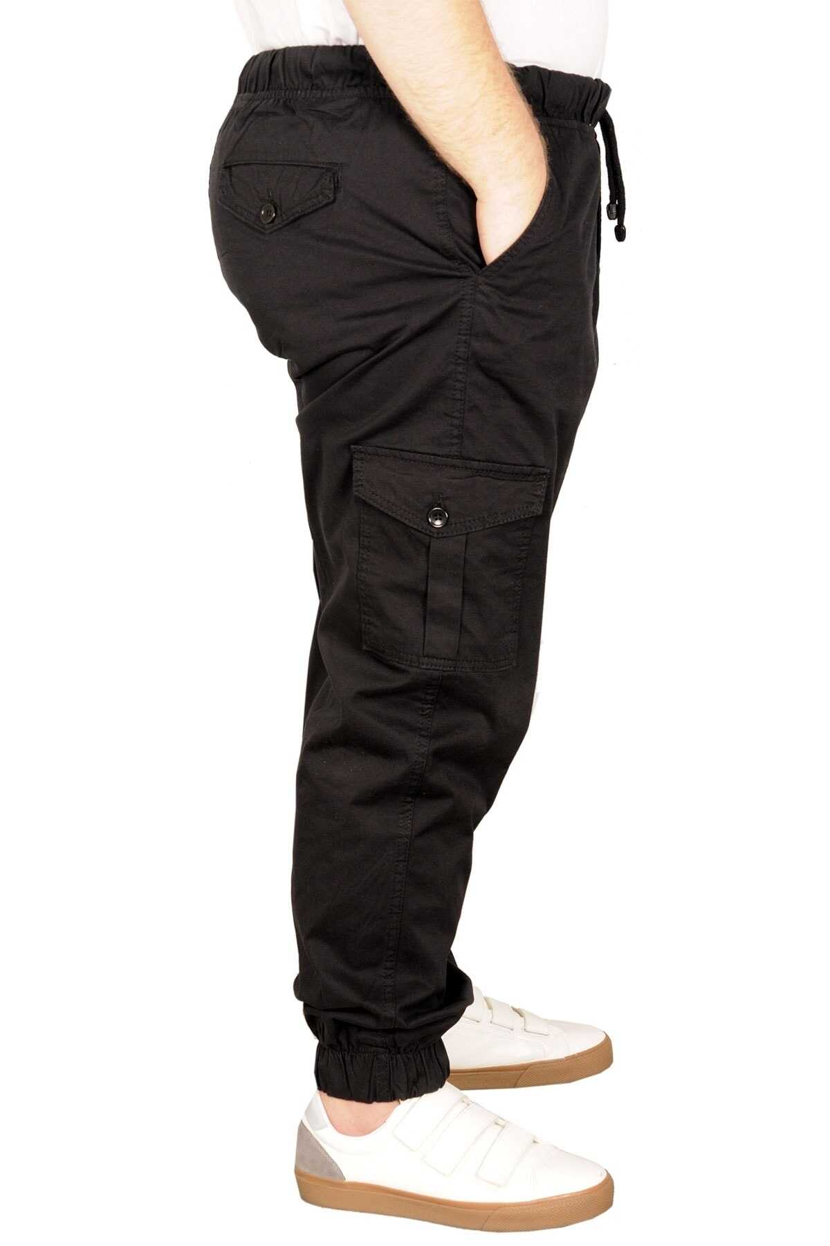 شلوار کتان سایز بزرگ دمپا گت کمر کش بندی جیب دار مشکی برند ModeXL 