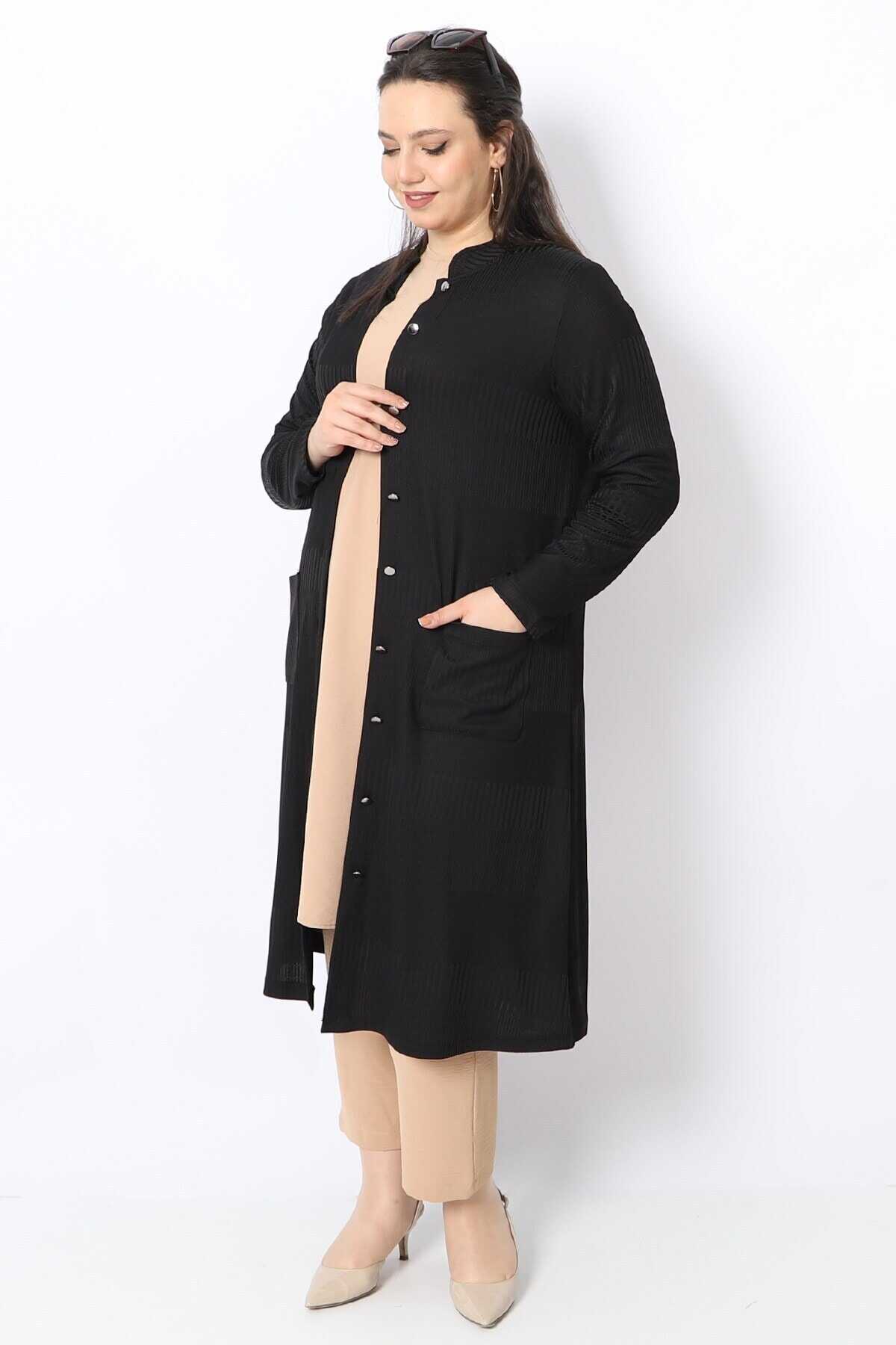 ژاکت کشباف بلند جیب دار دکمه دار سایز بزرگ زنانه مشکی برند KadoModa 