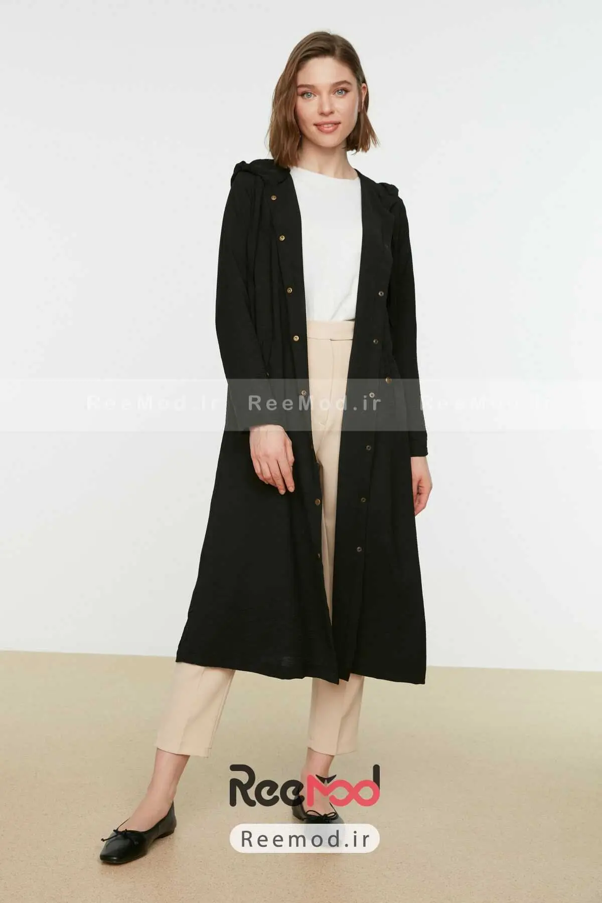 مانتو اسپرت بلند کلاه دار مشکی برند Trendyol Modest