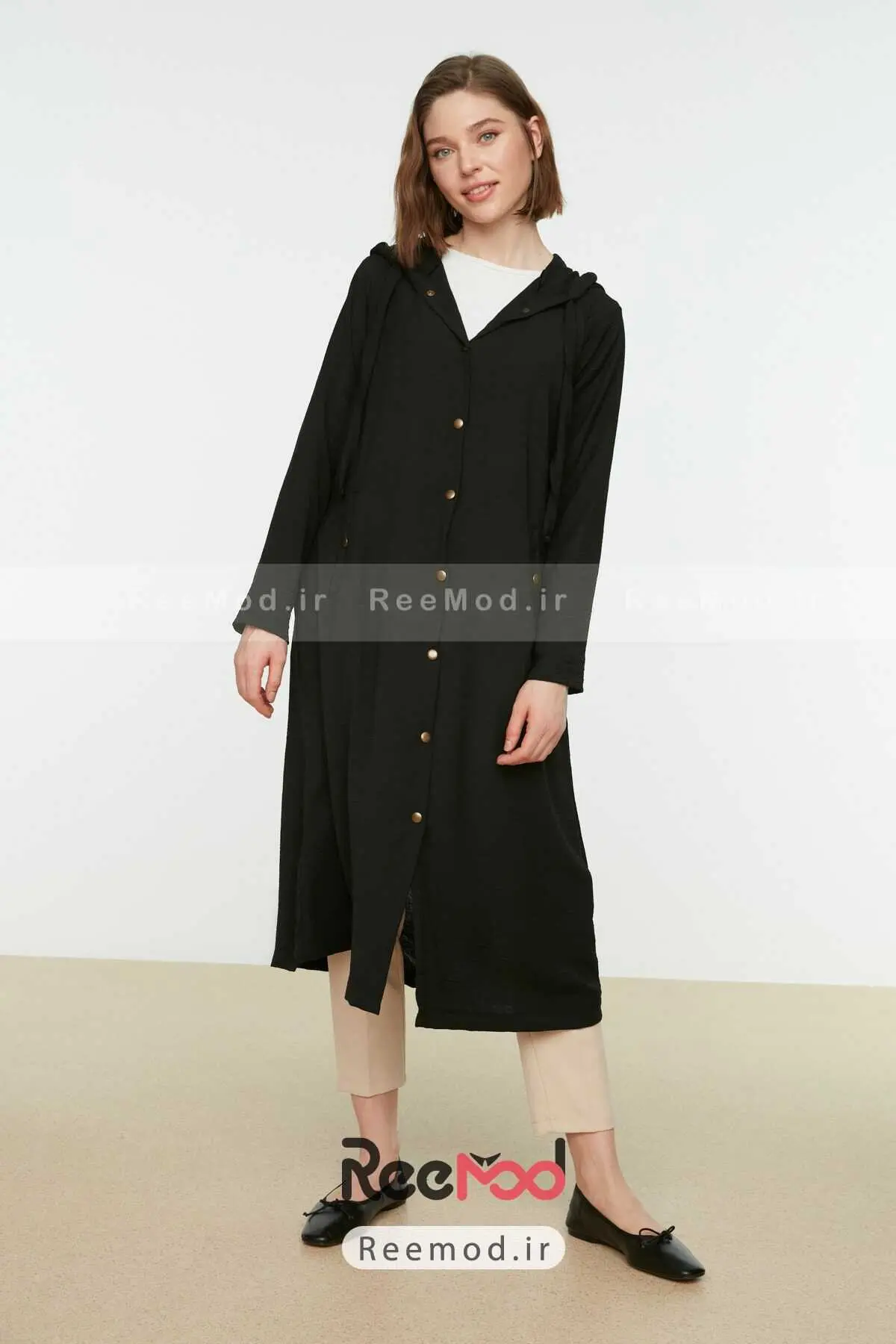 مانتو اسپرت بلند کلاه دار مشکی برند Trendyol Modest