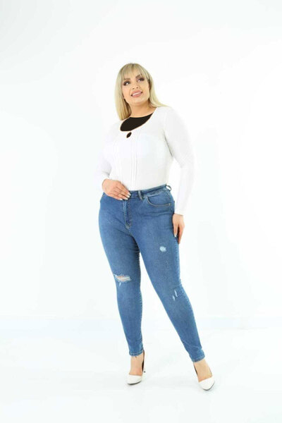 شلوار جین لوله ای زاپ دار سایز بزرگ زنانه آبی برند CEDY DENIM