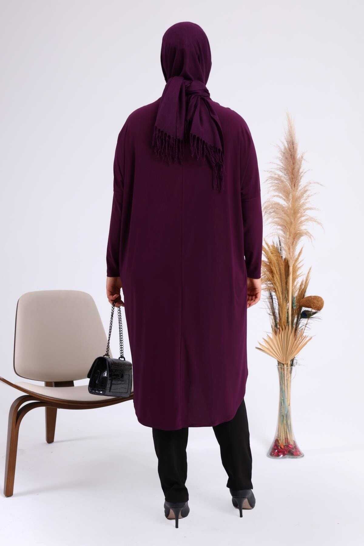 تونیک سایز بزرگ یقه گرد طرح دار آستین بلند زنانه بادمجانی برند Ferace