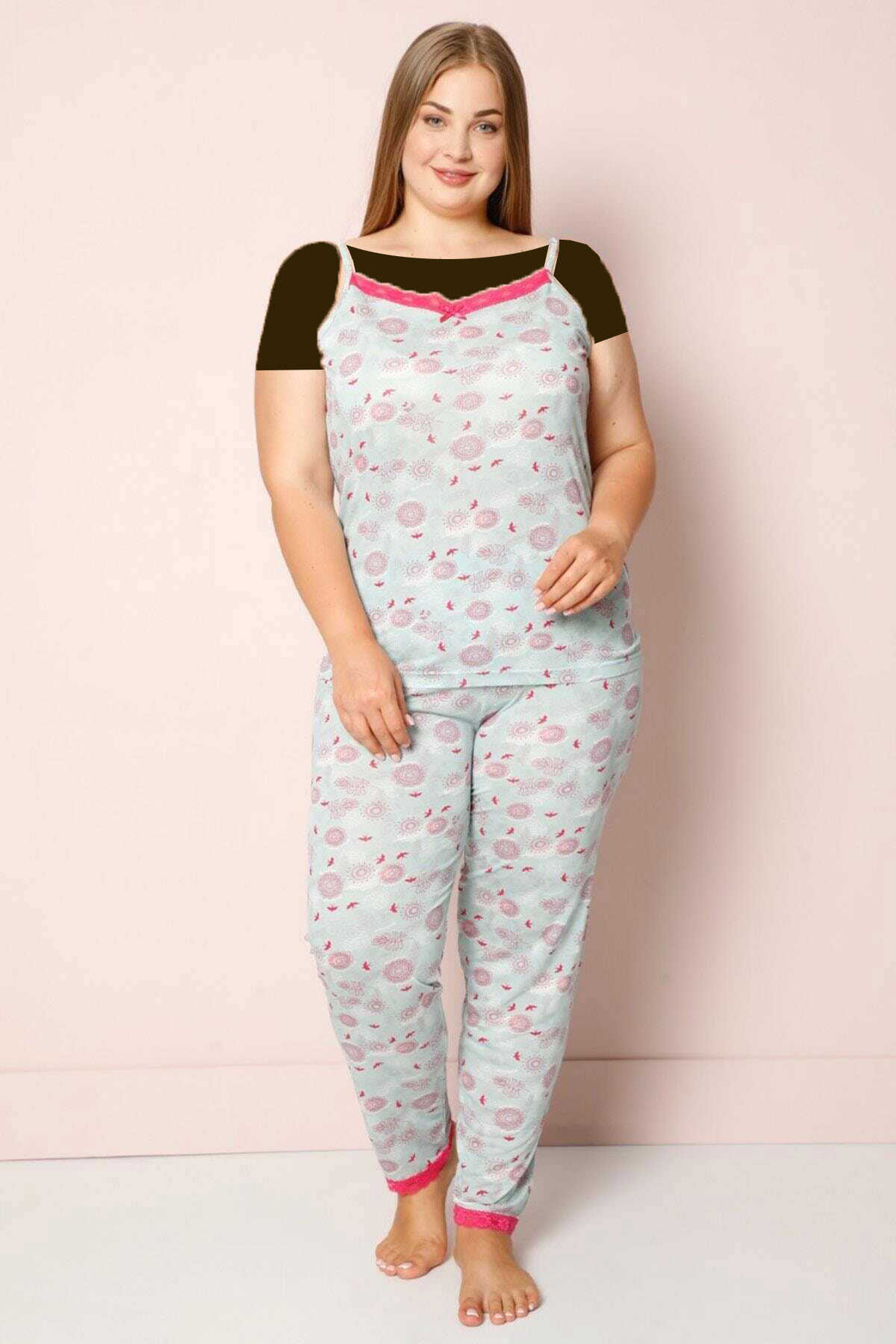 ست پیژامه تاپ بند دار شلوار طرح دار سایز بزرگ زنانه دو رنگ طوسی سرخابی برند Pijamaevi 