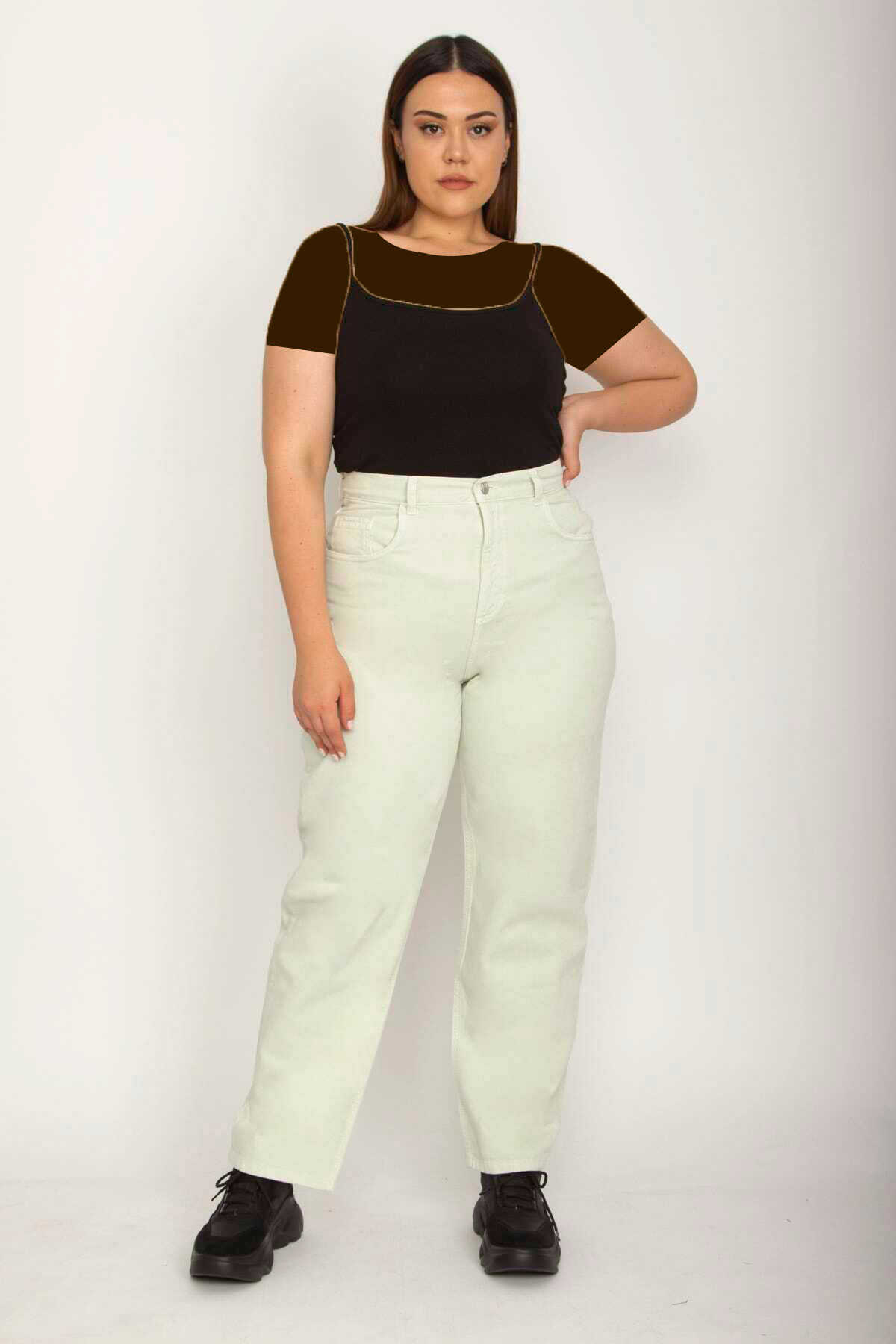 شلوار جین جذب فاق بلند سایز بزرگ زنانه نعنایی روشن برند Şans 