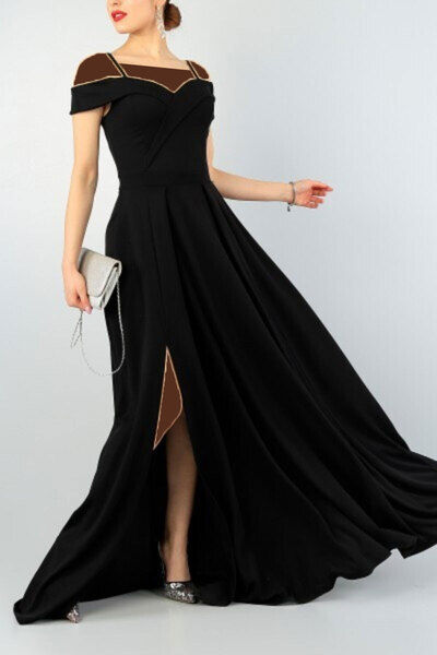 لباس شب بلند یقه دلبری چاک دار مشکی برند Secret Passion Lingerie
