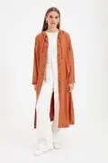 مانتو اسپرت بلند کلاه دار نارنجی برند Trendyol Modest