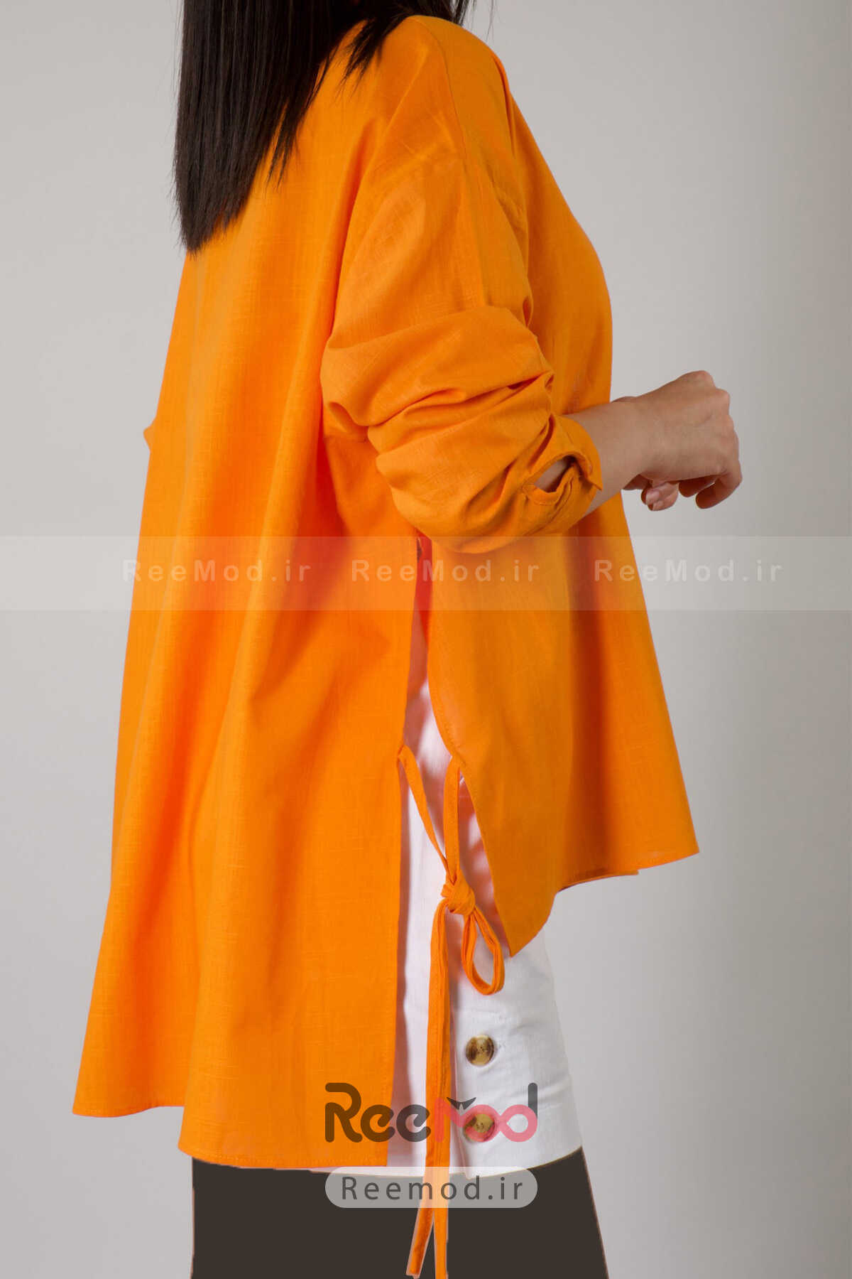 پیراهن زنانه گشاد بند دار نامتقارن چاک دار نارنجی برند ABBRA
