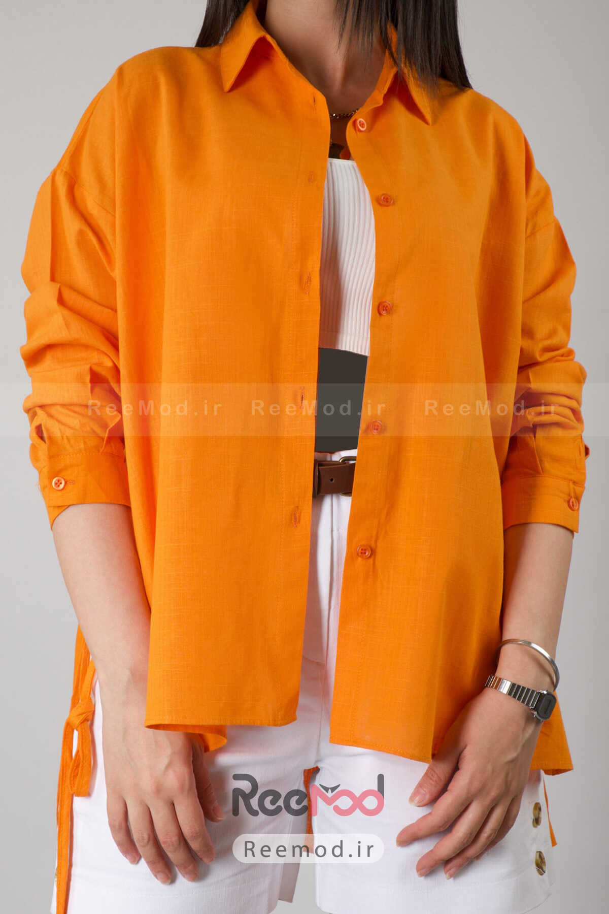 پیراهن زنانه گشاد بند دار نامتقارن چاک دار نارنجی برند ABBRA