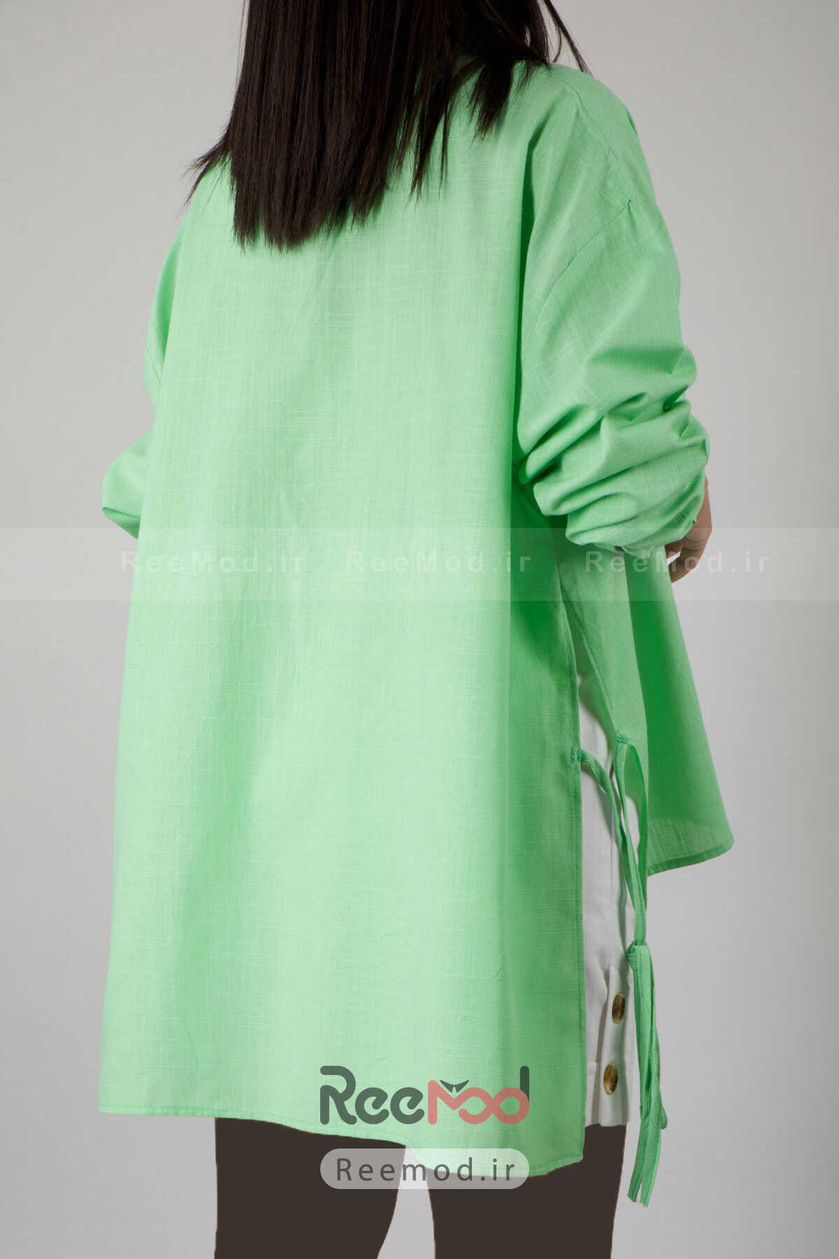 پیراهن زنانه گشاد بند دار نامتقارن چاک دار سبز برند ABBRA