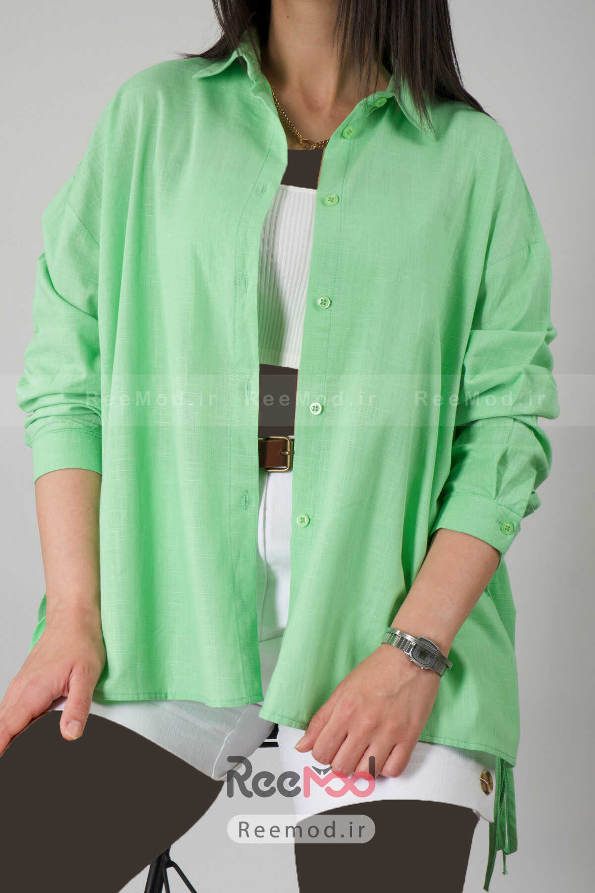 پیراهن زنانه گشاد بند دار نامتقارن چاک دار سبز برند ABBRA