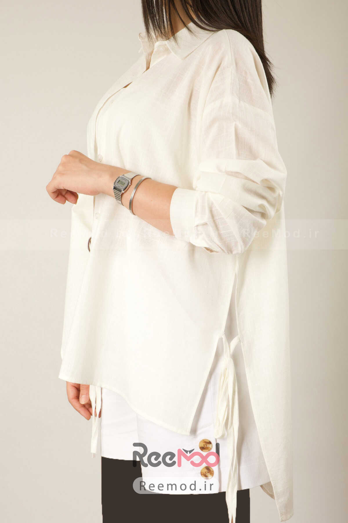 پیراهن زنانه گشاد بند دار نامتقارن چاک دار سفید اکرو برند ABBRA