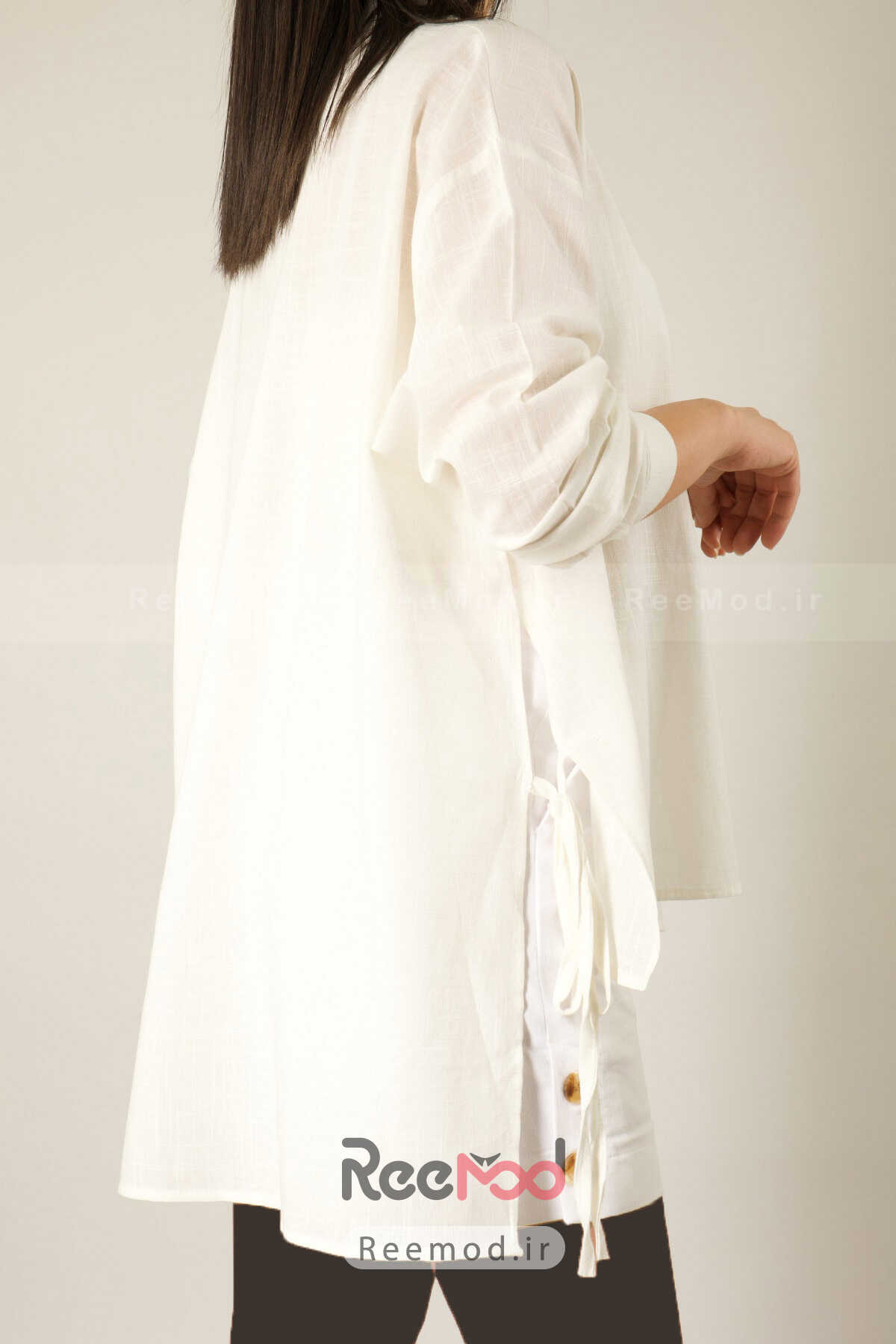 پیراهن زنانه گشاد بند دار نامتقارن چاک دار سفید اکرو برند ABBRA