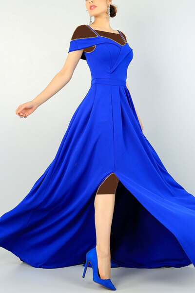 لباس شب بلند یقه دلبری چاک دار آبی برند Secret Passion Lingerie