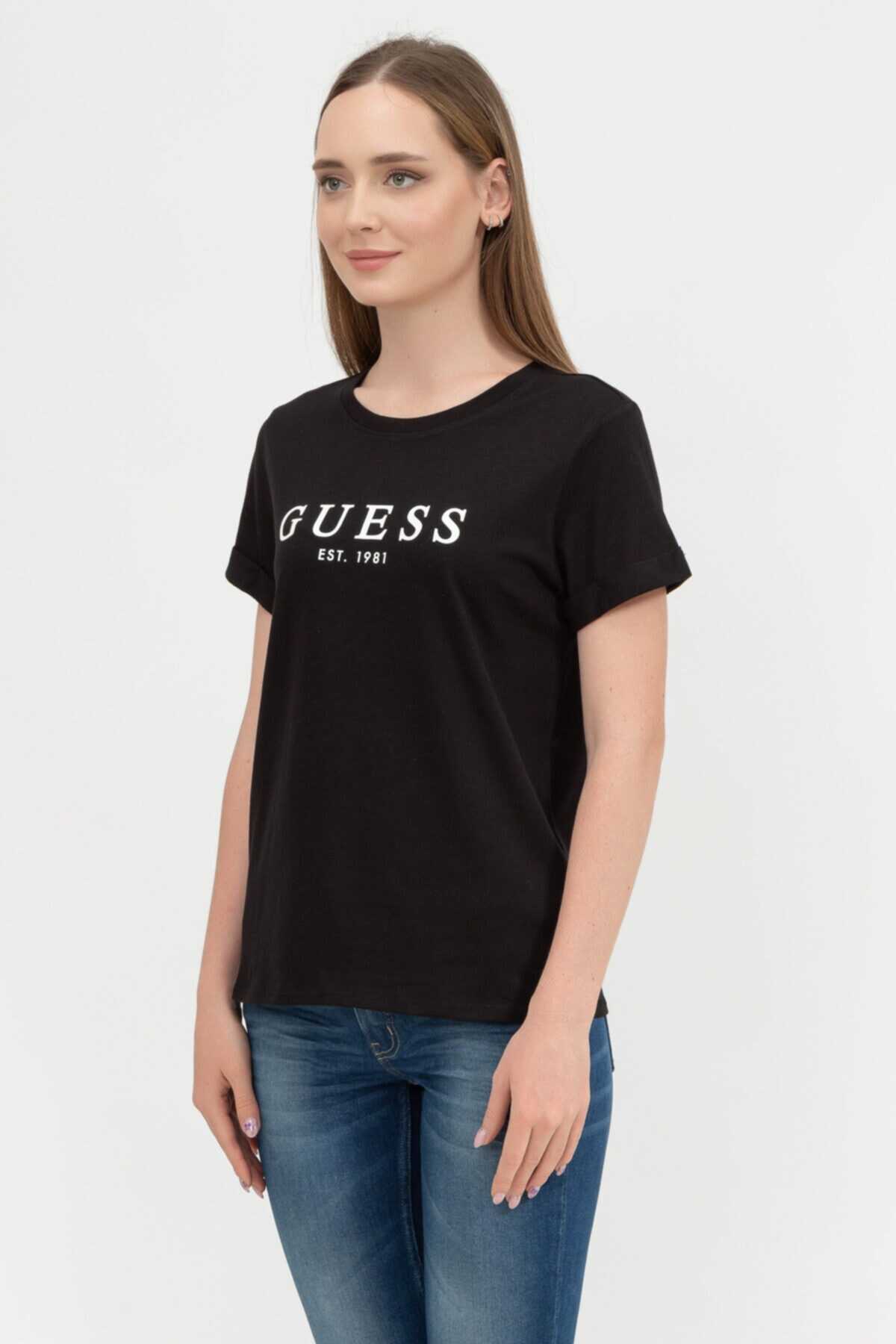 تیشرت زنانه یقه گرد چاپ دار آستین پاکتی مشکی برند Guess 