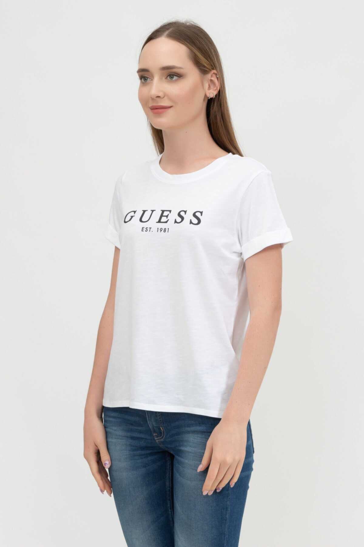 تیشرت زنانه یقه گرد چاپ دار آستین پاکتی سفید برند Guess 