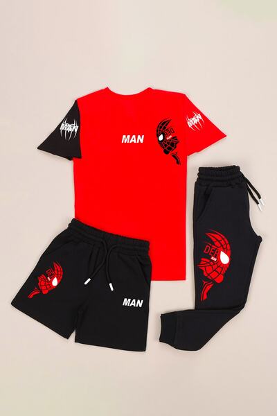 ست سه تکه لباس ورزشی چاپ دار بچه گانه پسرانه دو رنگ قرمز مشکی برند öz taha