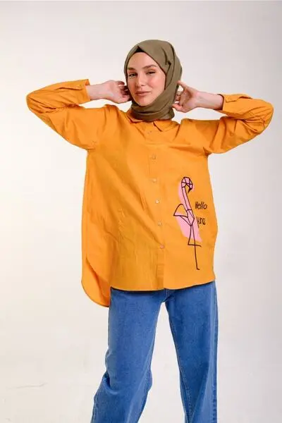 پیراهن چاپ دار دکمه ای یقه کلاسیک زنانه نارنجی روشن برند GÖMLEX 