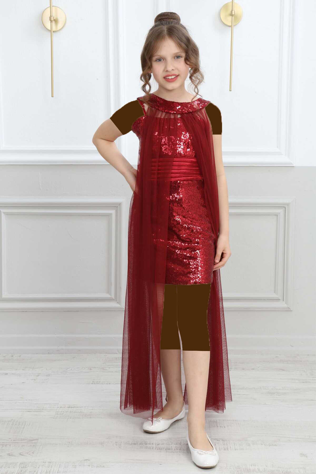 لباس شب بندی کوتاه پولکی شنل توری جداگانه بچه گانه دخترانه قرمز برند Asortik Kids