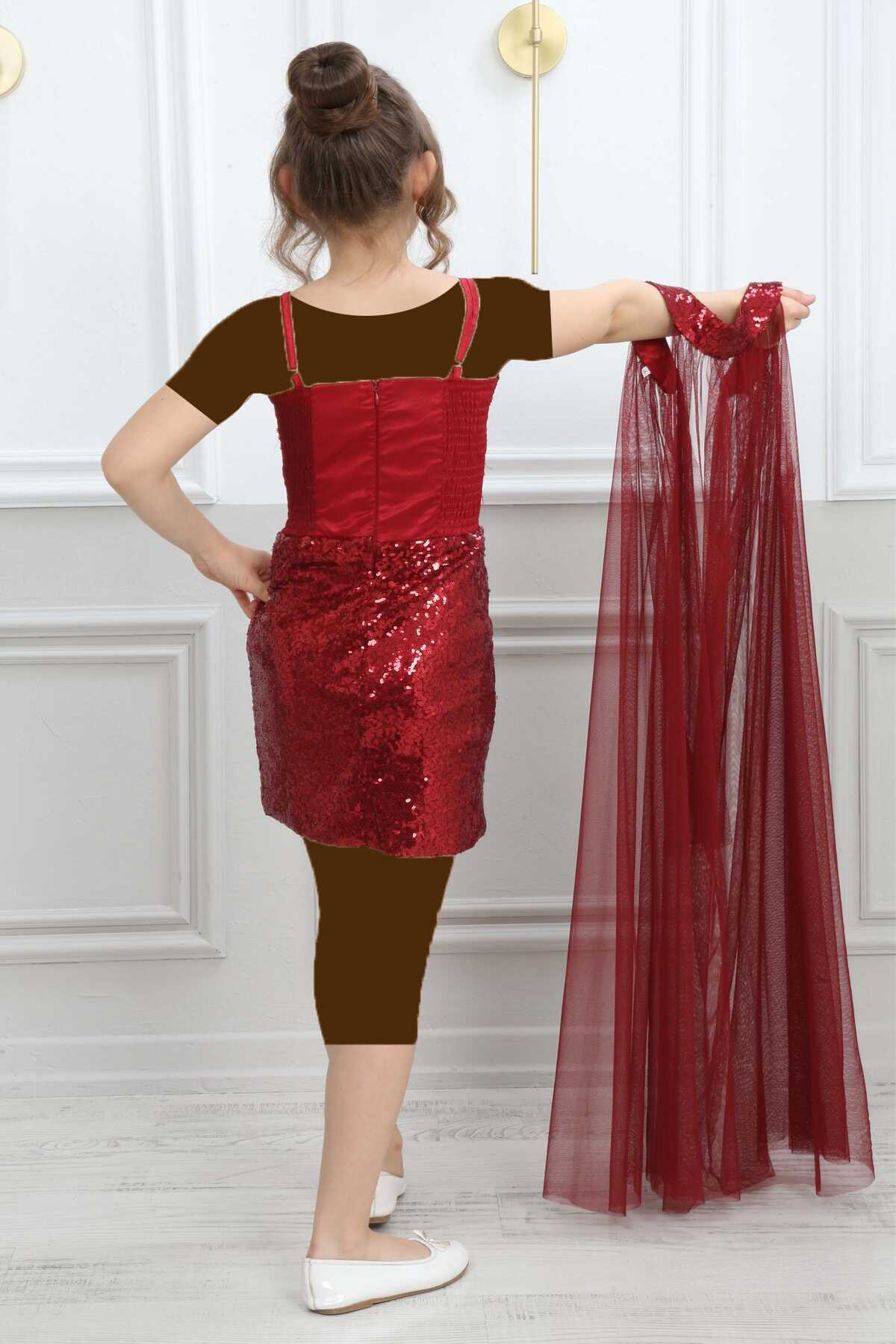 لباس شب بندی کوتاه پولکی شنل توری جداگانه بچه گانه دخترانه قرمز برند Asortik Kids