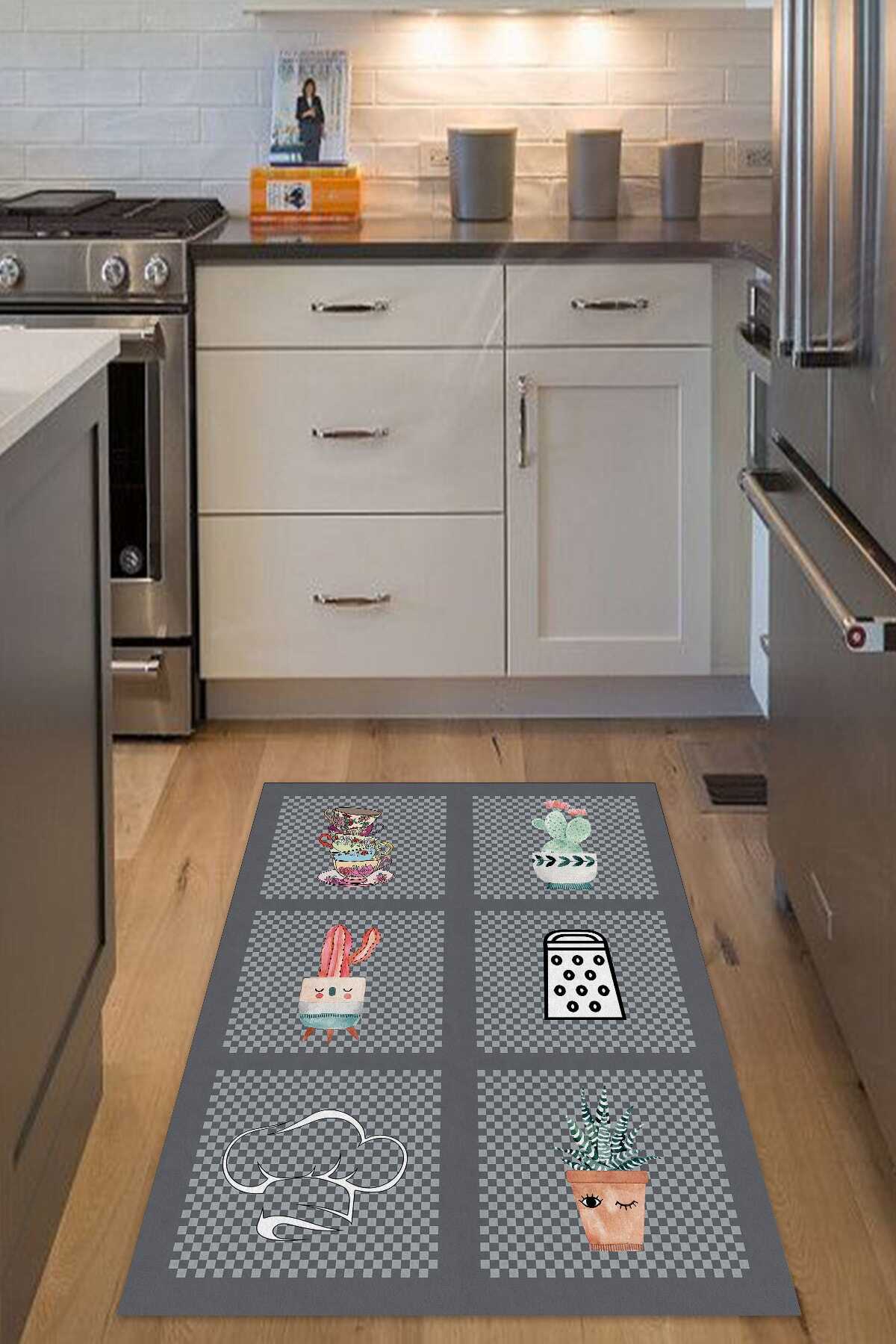 فرش آشپزخانه طرح ظروف چاپ دیجیتال 4-6 متر خاکستری 