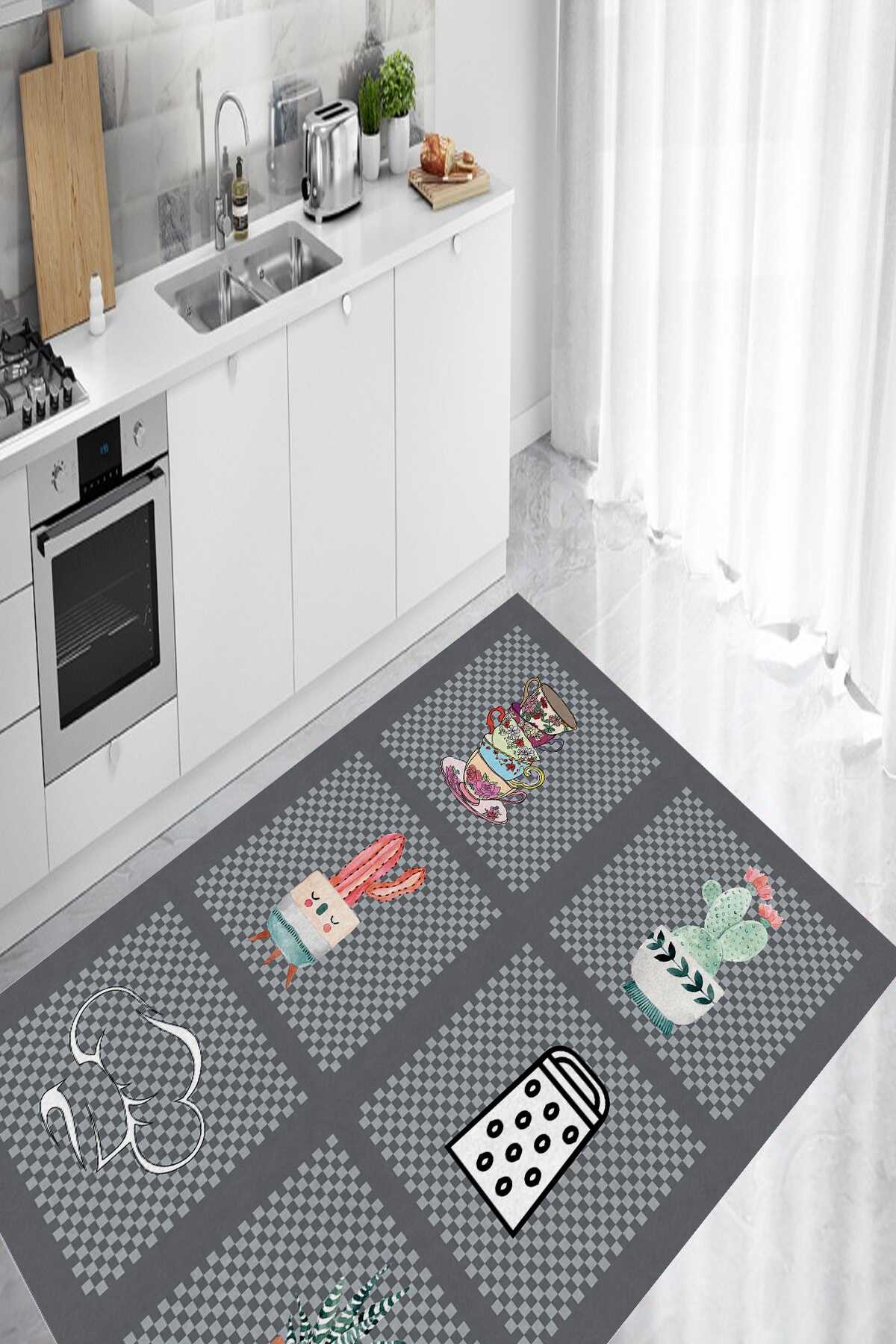 فرش آشپزخانه طرح ظروف چاپ دیجیتال 4-6 متر خاکستری 