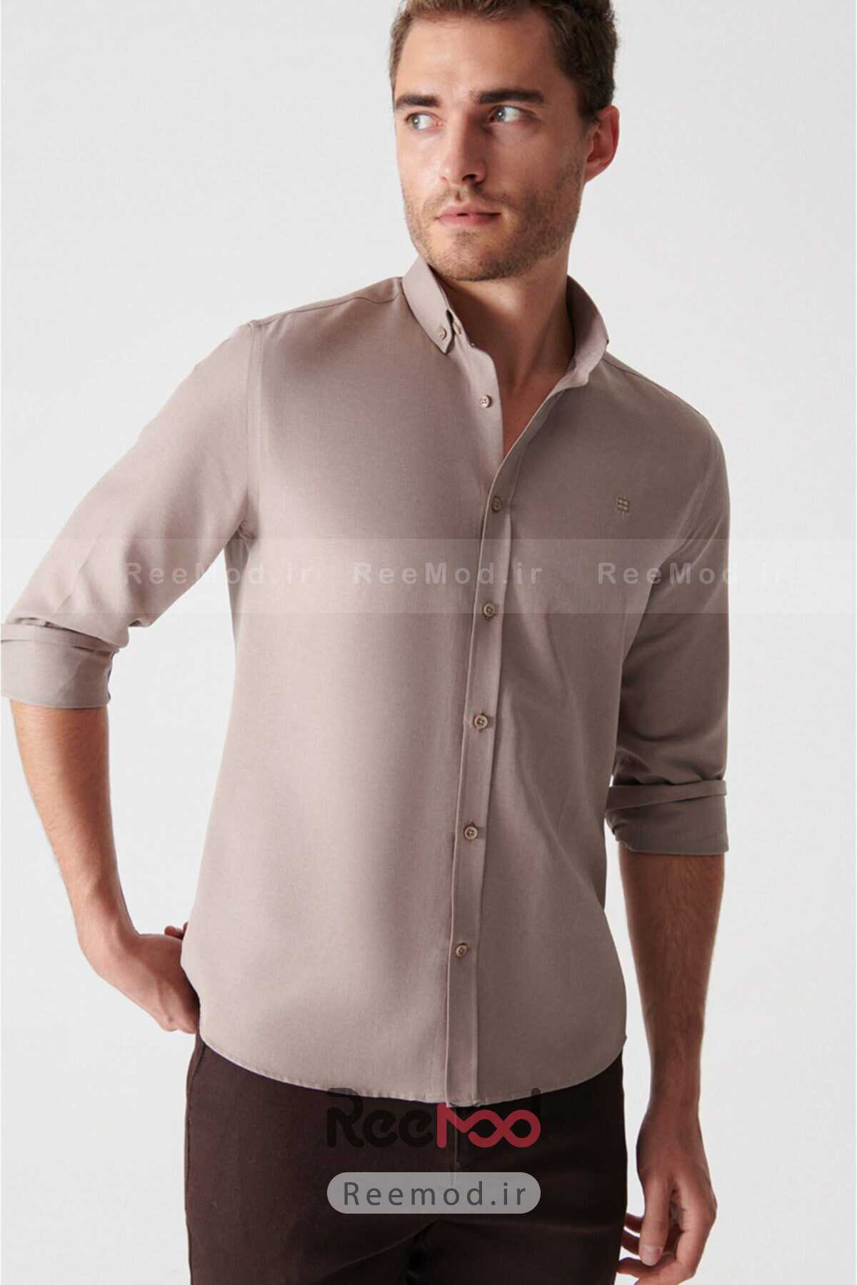 پیراهن مردانه یقه باریک قهوه ای روشن برند Avva