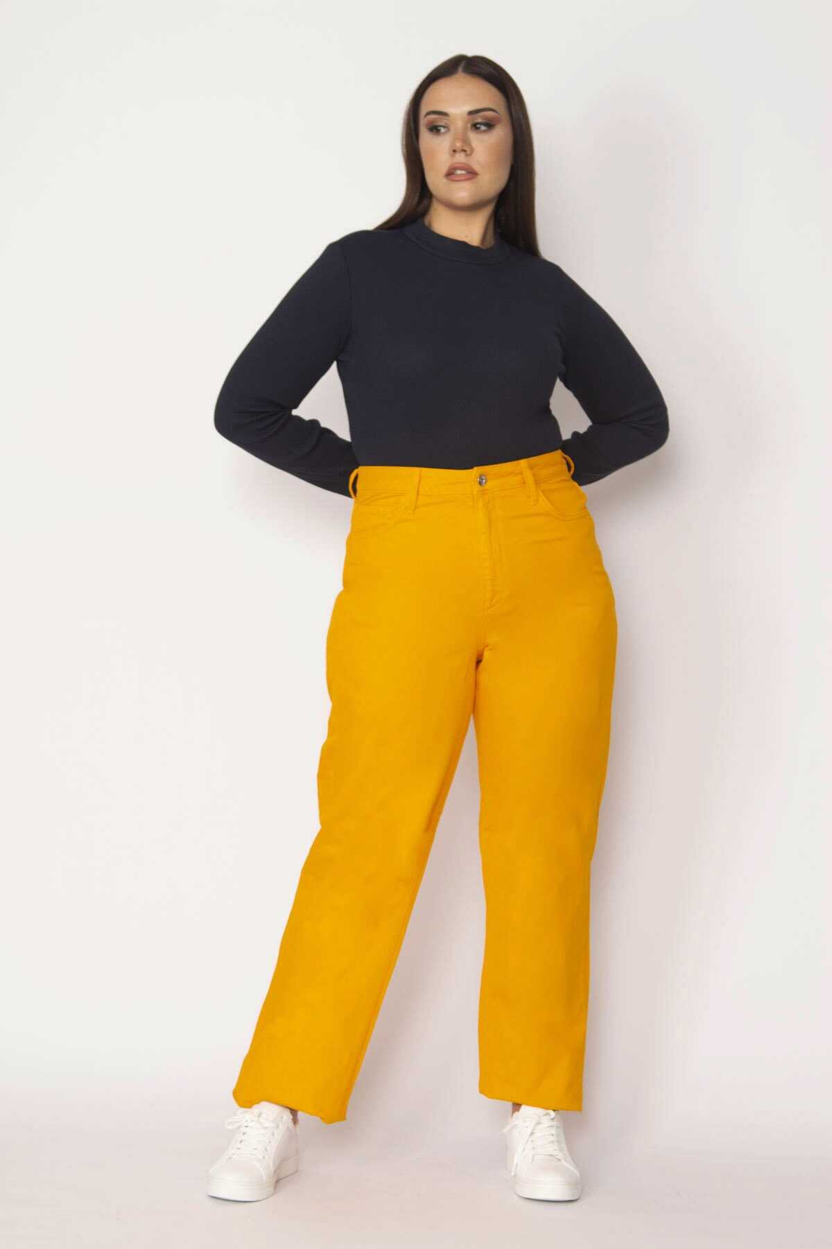 شلوار جین نیم بگ فاق بلند سایز بزرگ زنانه نارنجی برند Şans