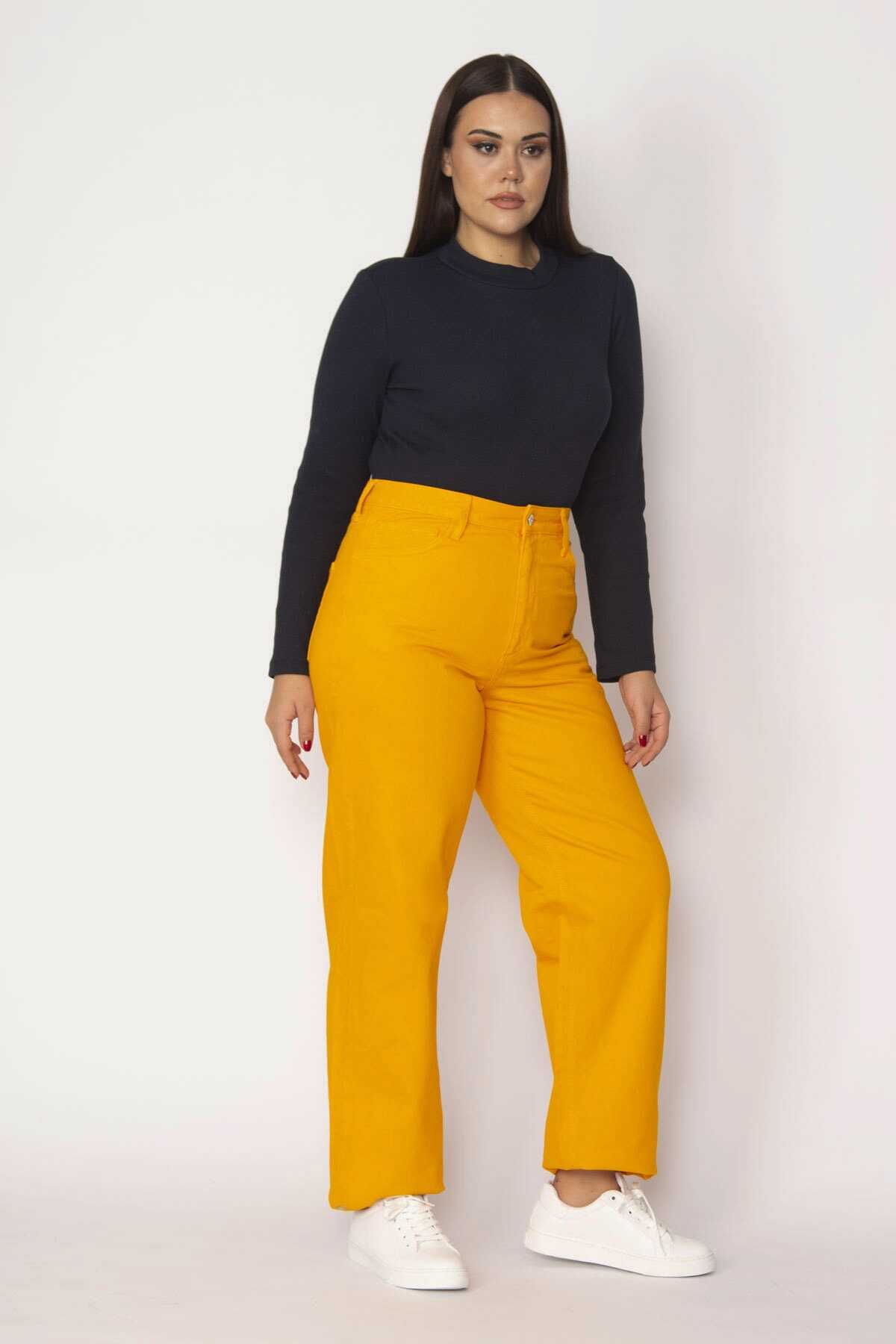 شلوار جین نیم بگ فاق بلند سایز بزرگ زنانه نارنجی برند Şans