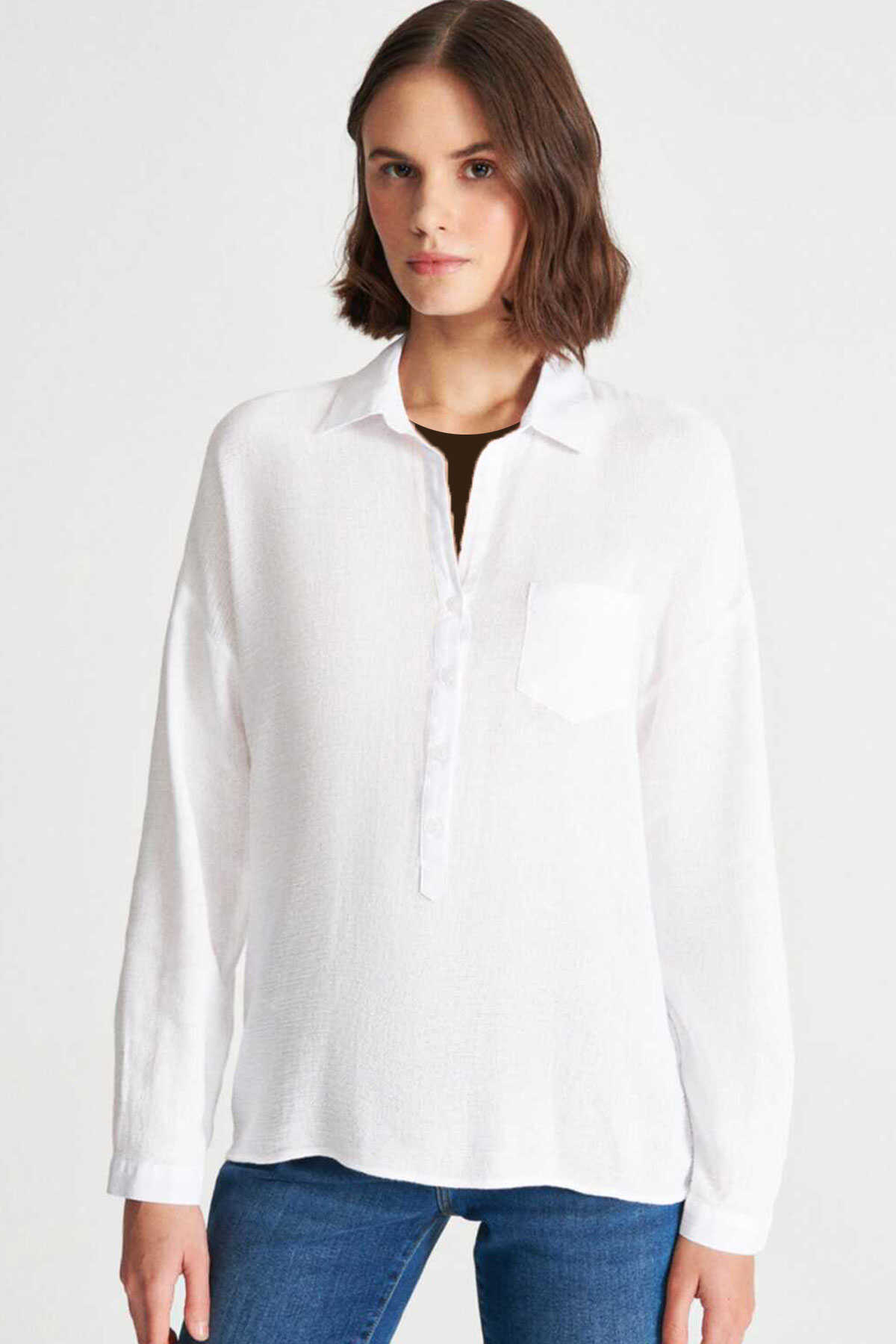 بلوز آستین بلند یقه ترکیبی زنانه سفید برند Mavi 