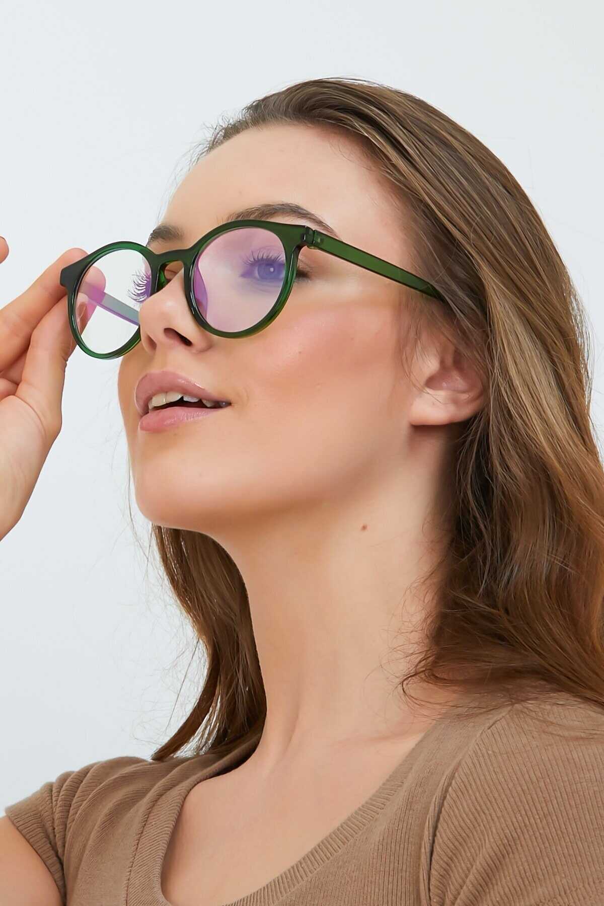 عینک زنانه محافظ نور آبی فریم گرد سبز برند Nilu Moda