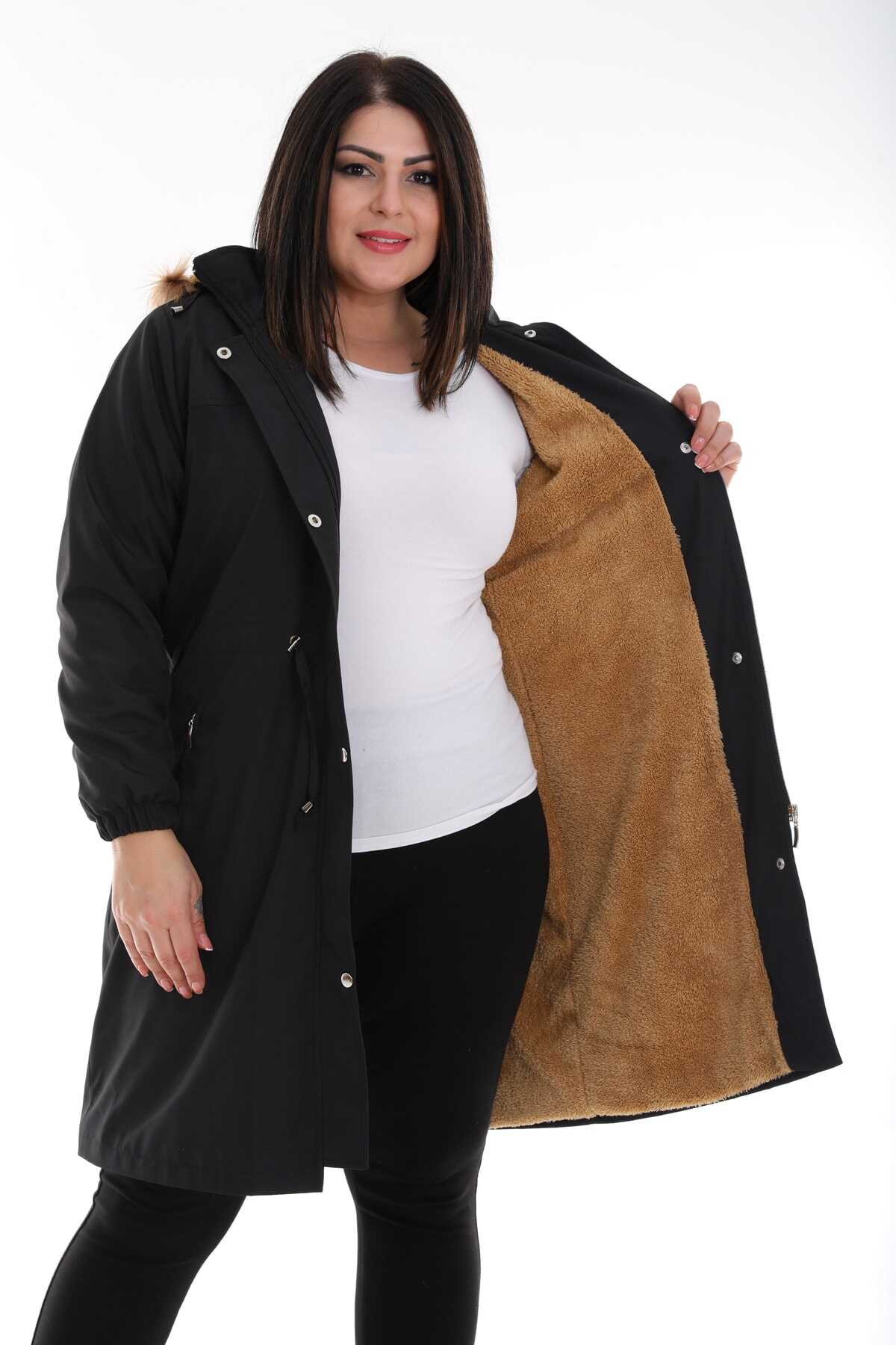 کاپشن سایز بزرگ آستر مخمل کلاه دار بند دار زنانه مشکی برند TUTveAL Collection