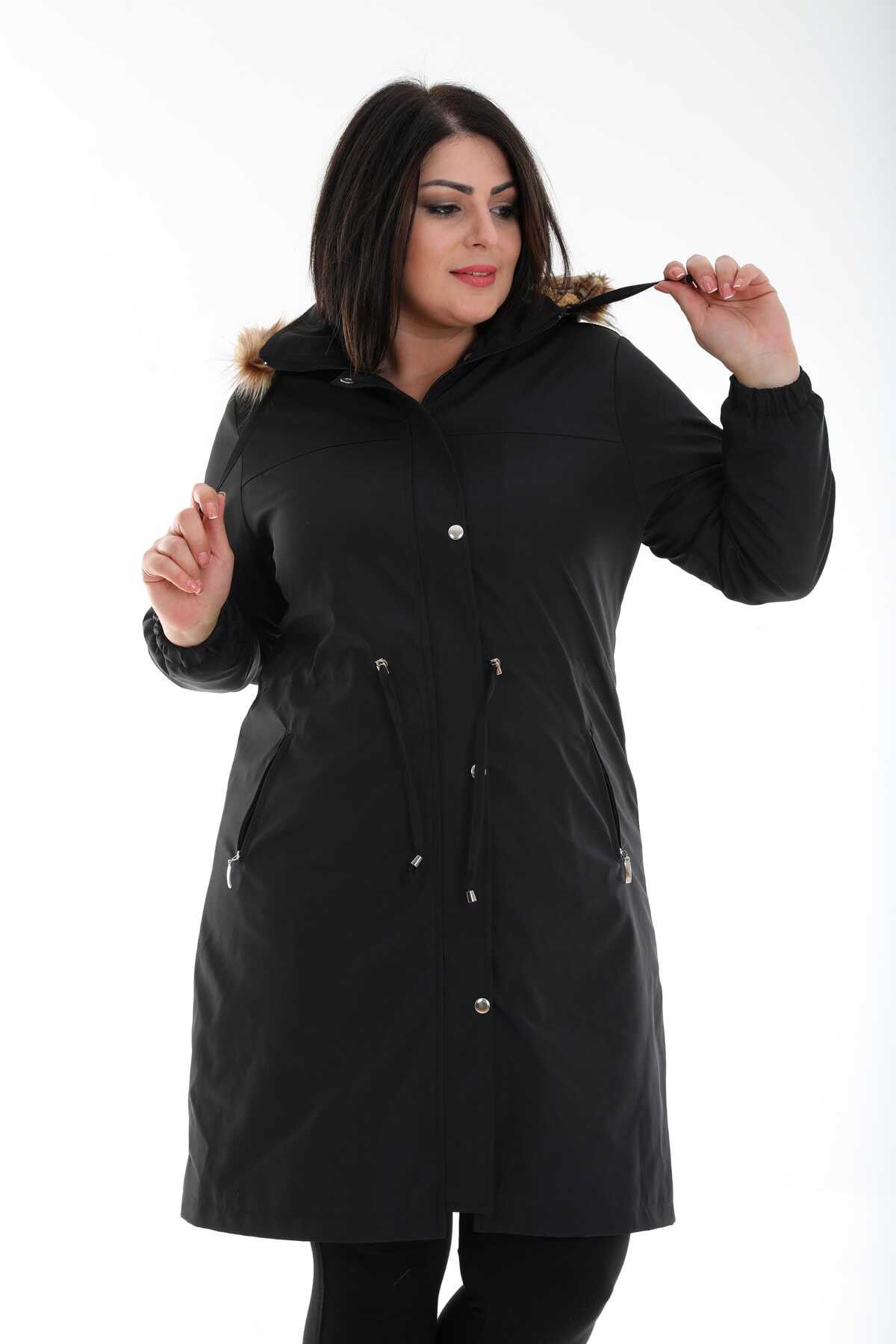 کاپشن سایز بزرگ آستر مخمل کلاه دار بند دار زنانه مشکی برند TUTveAL Collection