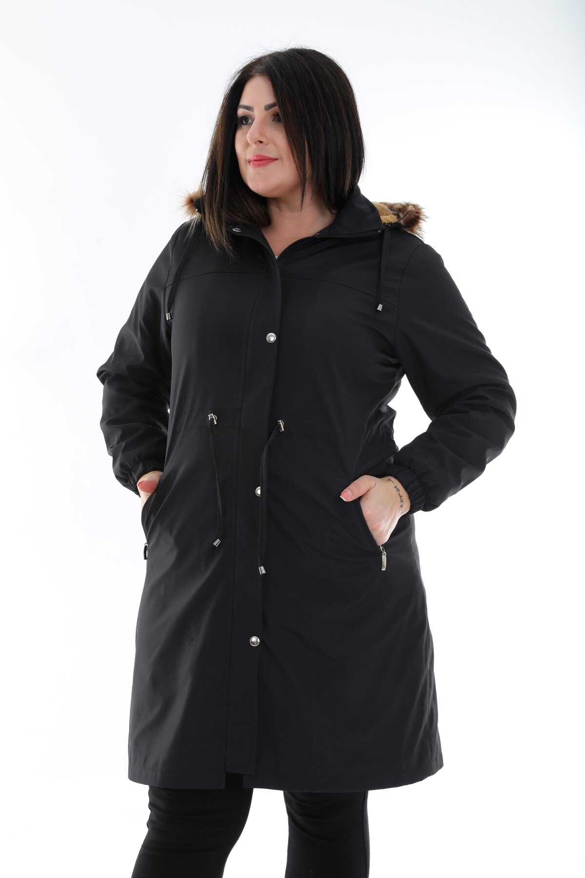 کاپشن سایز بزرگ آستر مخمل کلاه دار بند دار زنانه مشکی برند TUTveAL Collection