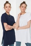 ست 2 عددی تیشرت بلند یقه گرد چاک دار زنانه سفید سرمه ای برند Trendyol Modest