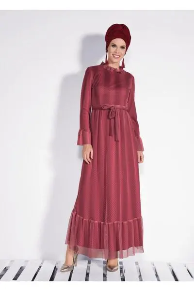 لباس زنانه توری خال خالی قرمز