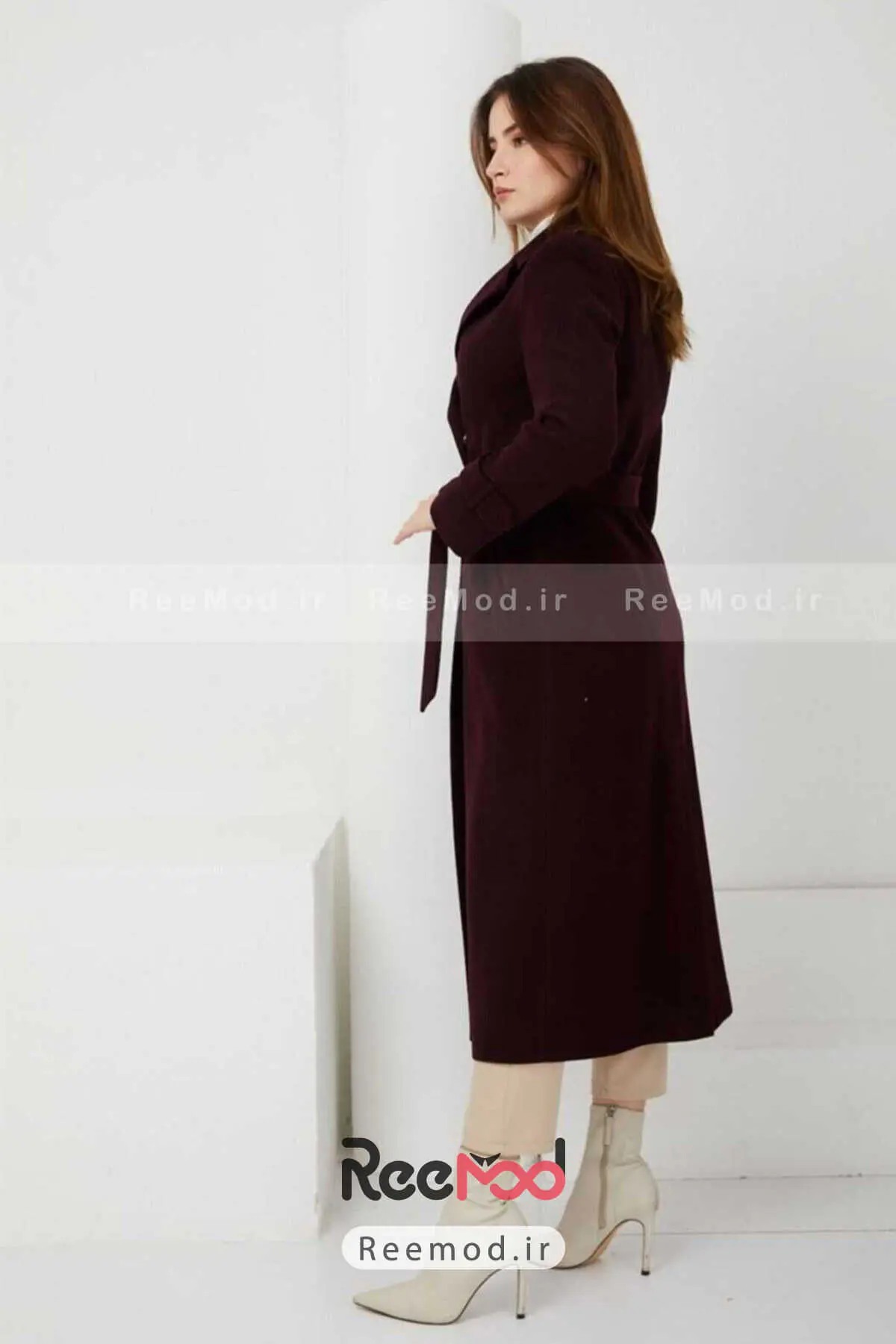 کت بلند زنانه ضخیم یقه انگلیسی زرشکی برند Olcay