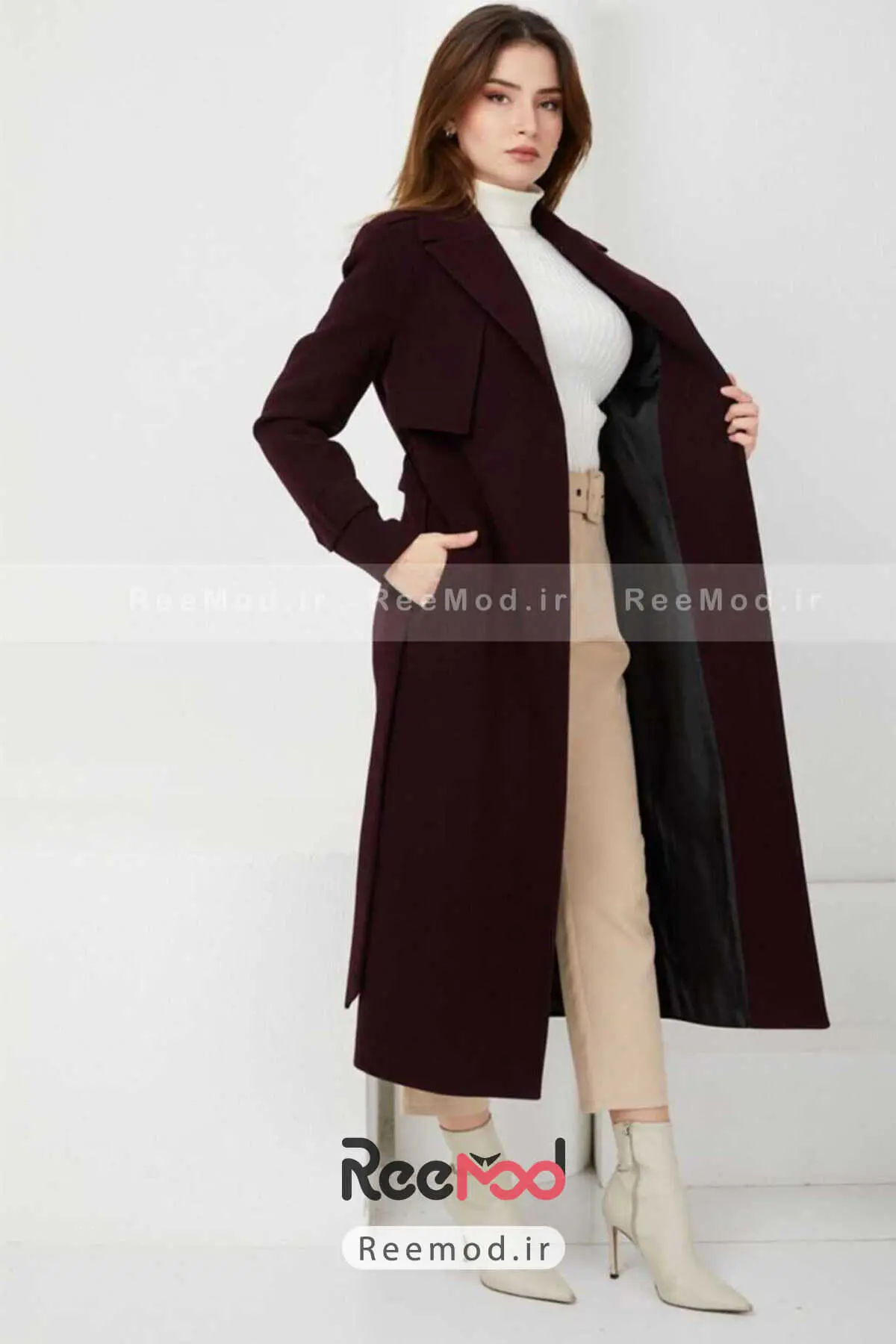 کت بلند زنانه ضخیم یقه انگلیسی زرشکی برند Olcay