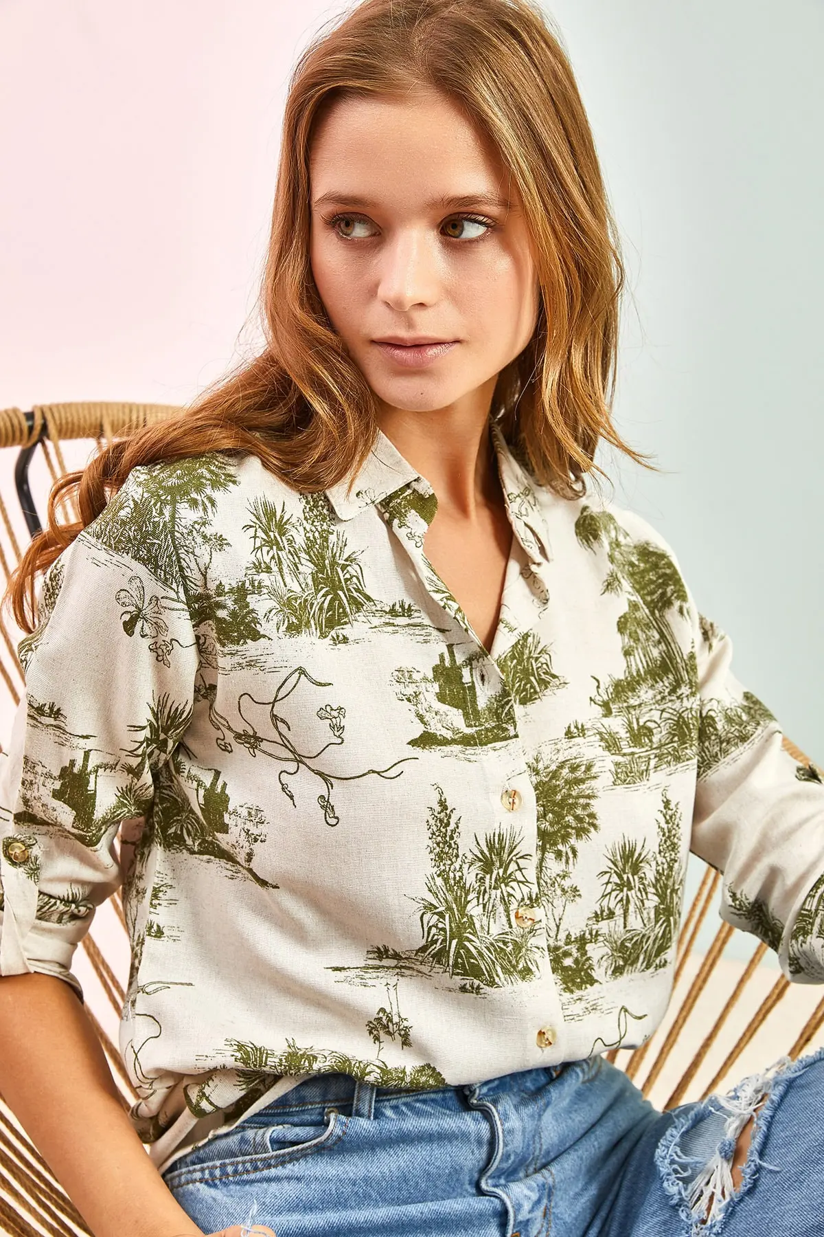 پیراهن یقه کلاسیک طرح دار زنانه زیتونی برند Bianco Lucci